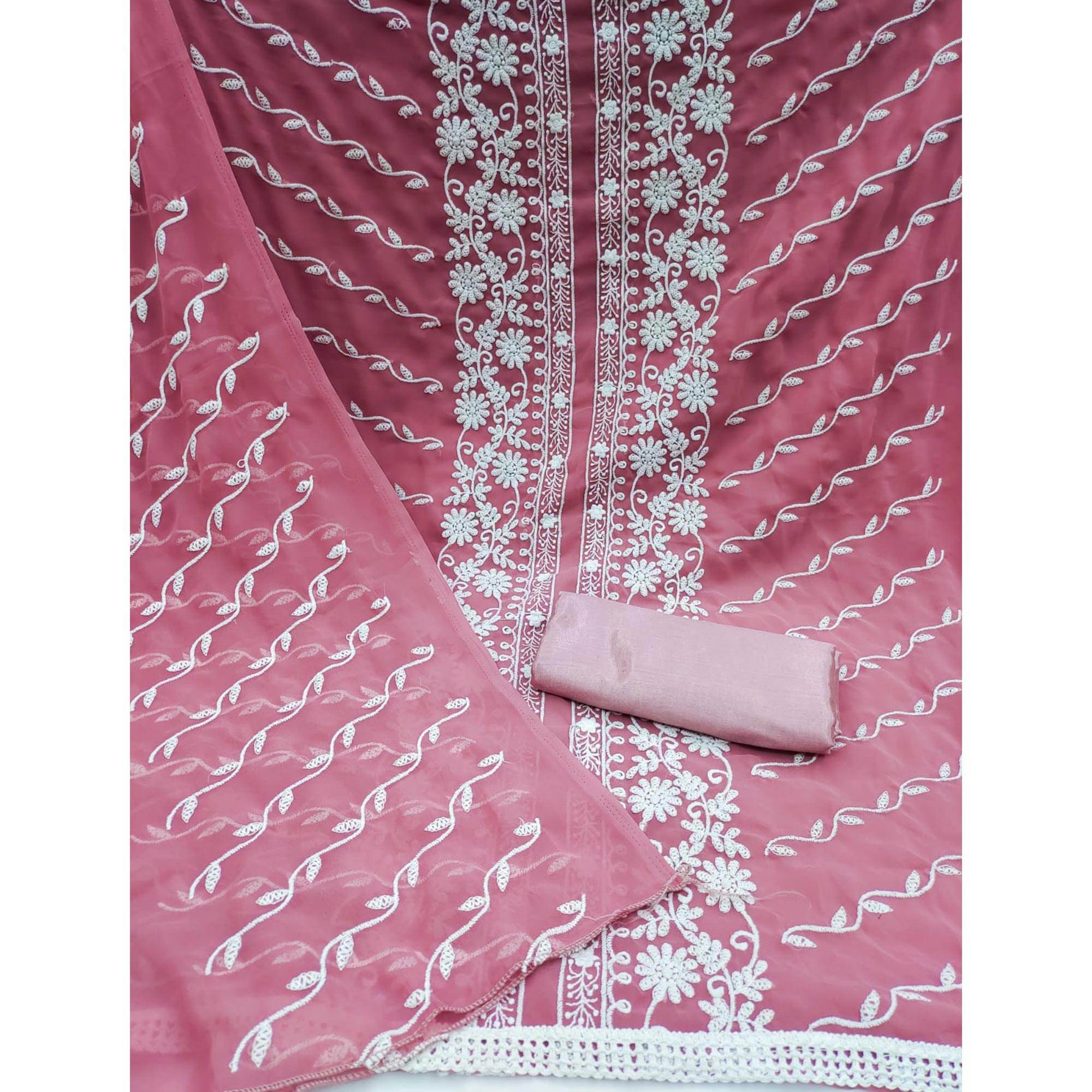 Pink Floral Embroidered Georgette Dress Material