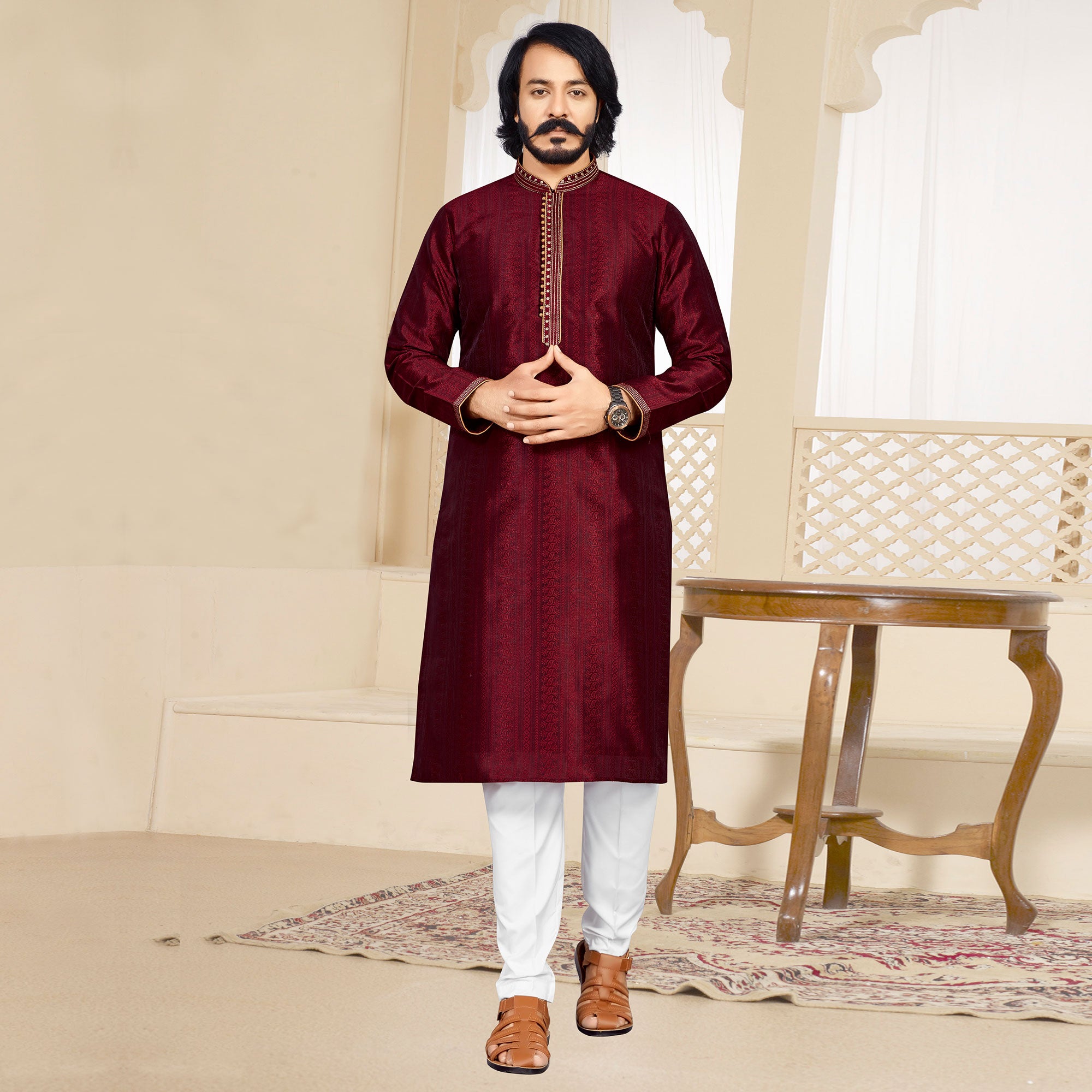 Maroon Woven Jacquard Kurta Pyjama Set