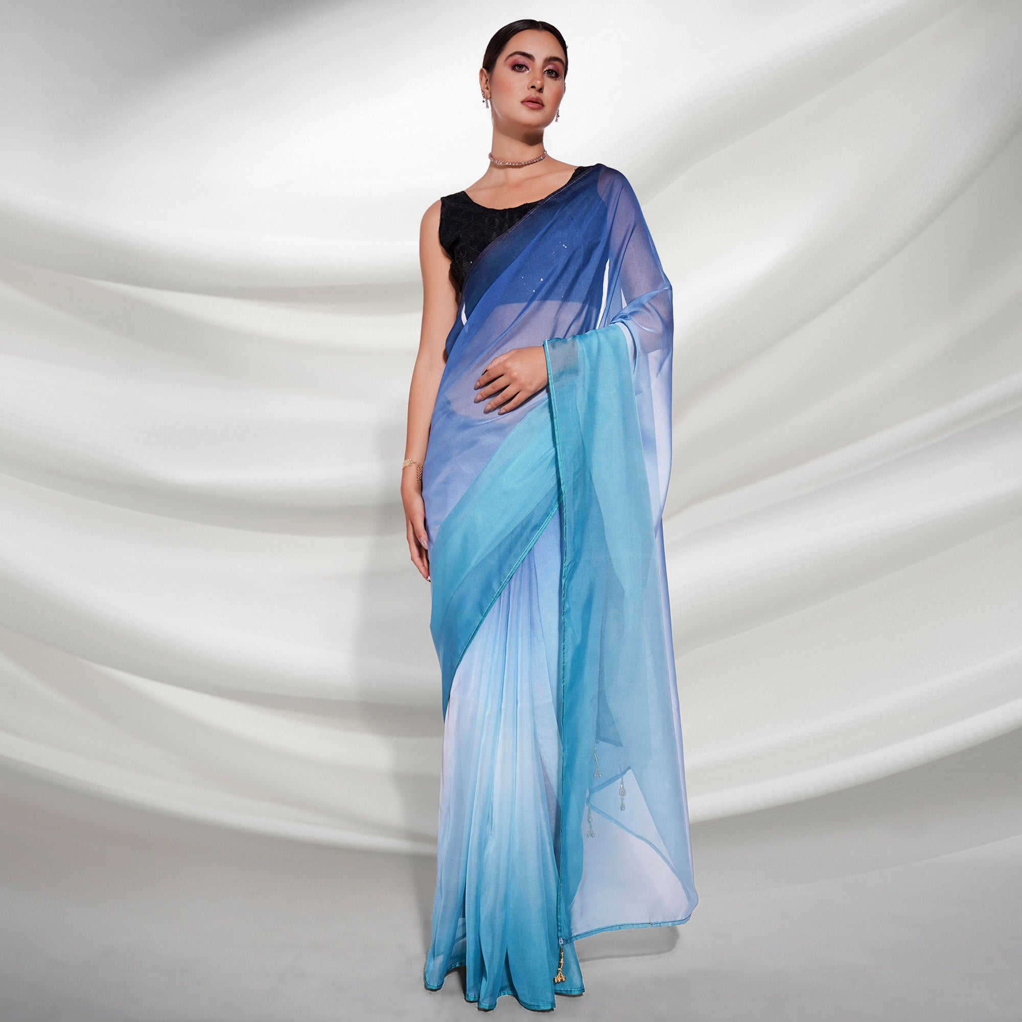 Blue Printed Organza Saree