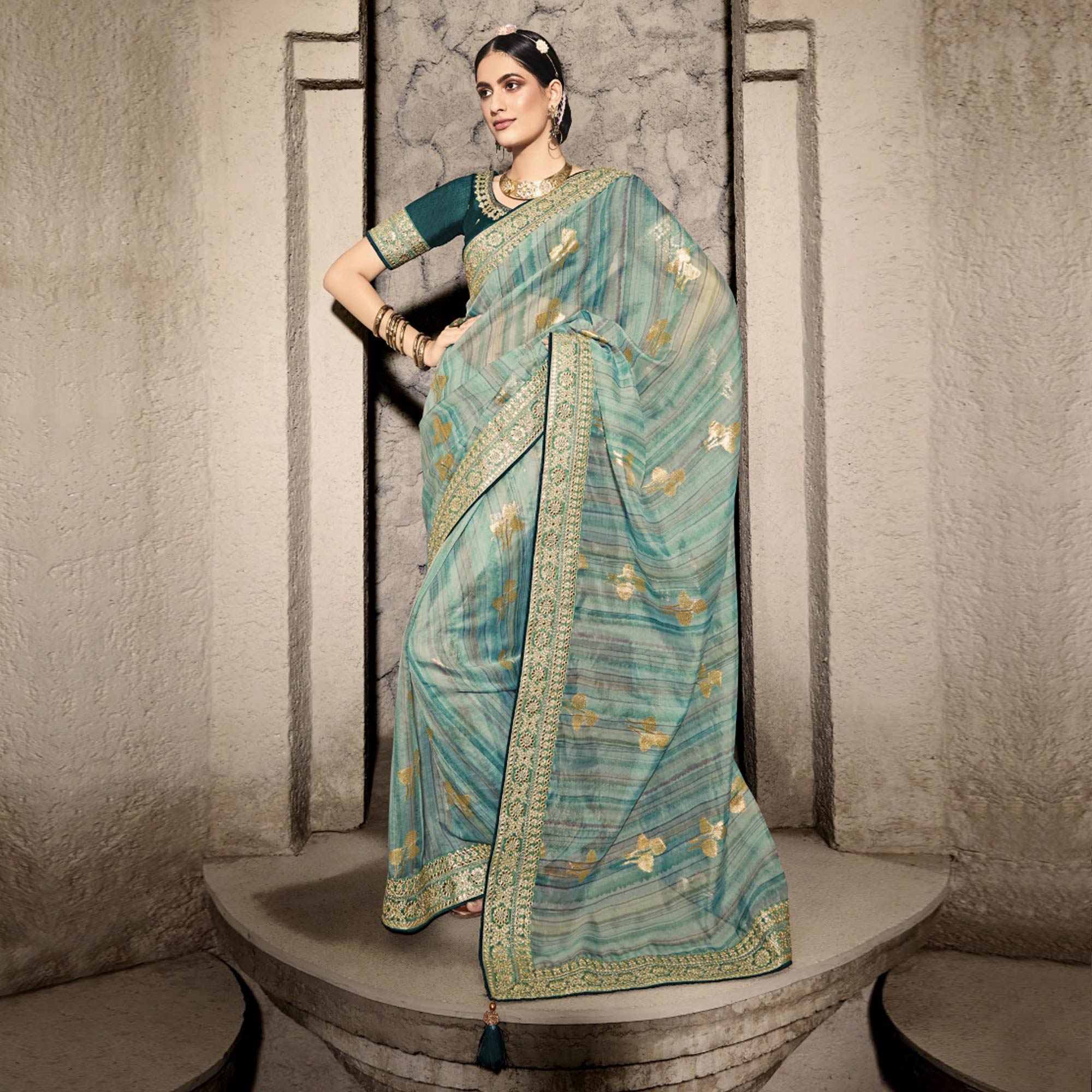 Rama Blue Woven With Embroidered Border Organza Saree