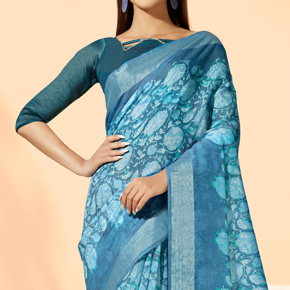 Blue Printed Cotton Silk Saree With Tassels