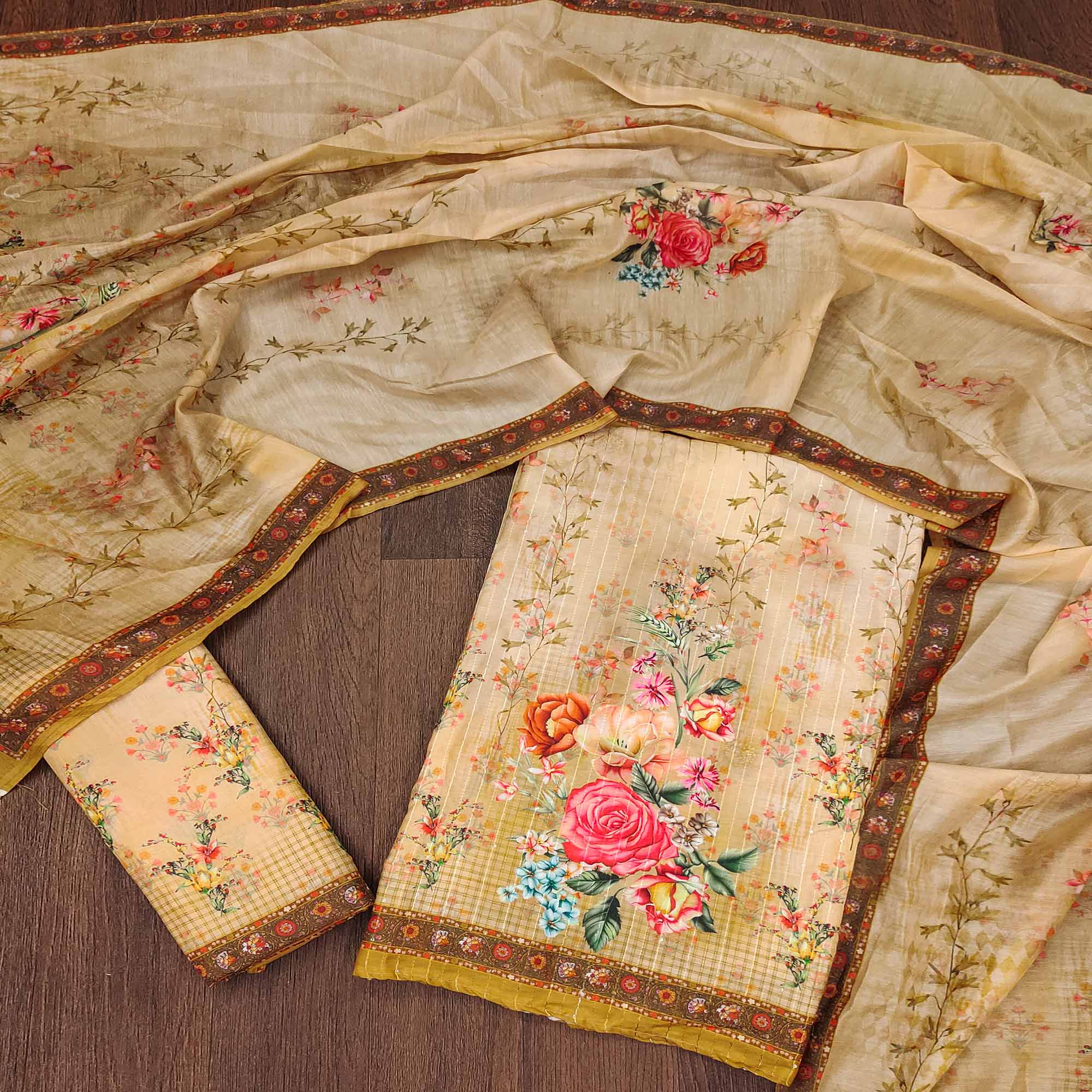 Cream Floral Digital Printed Muslin Dress Material