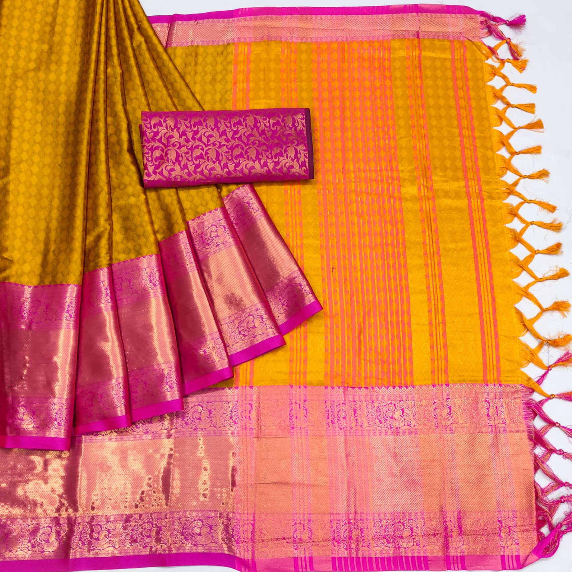 Gold Woven Cotton Silk Saree With Tassels