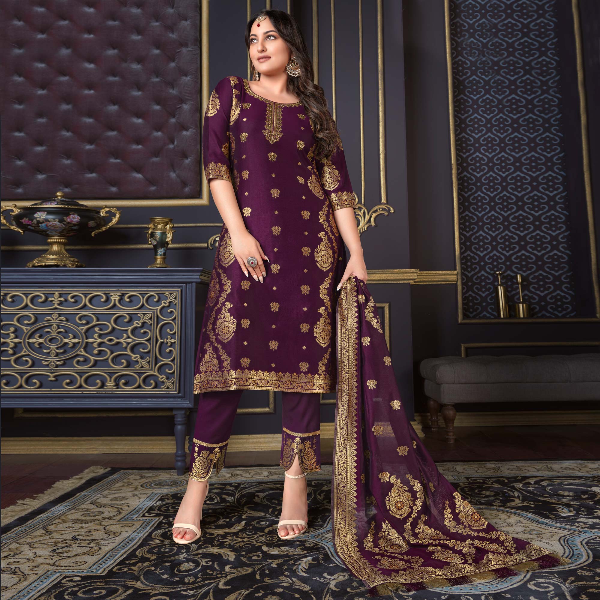 Purple Woven Banarasi Silk Salwar Suit