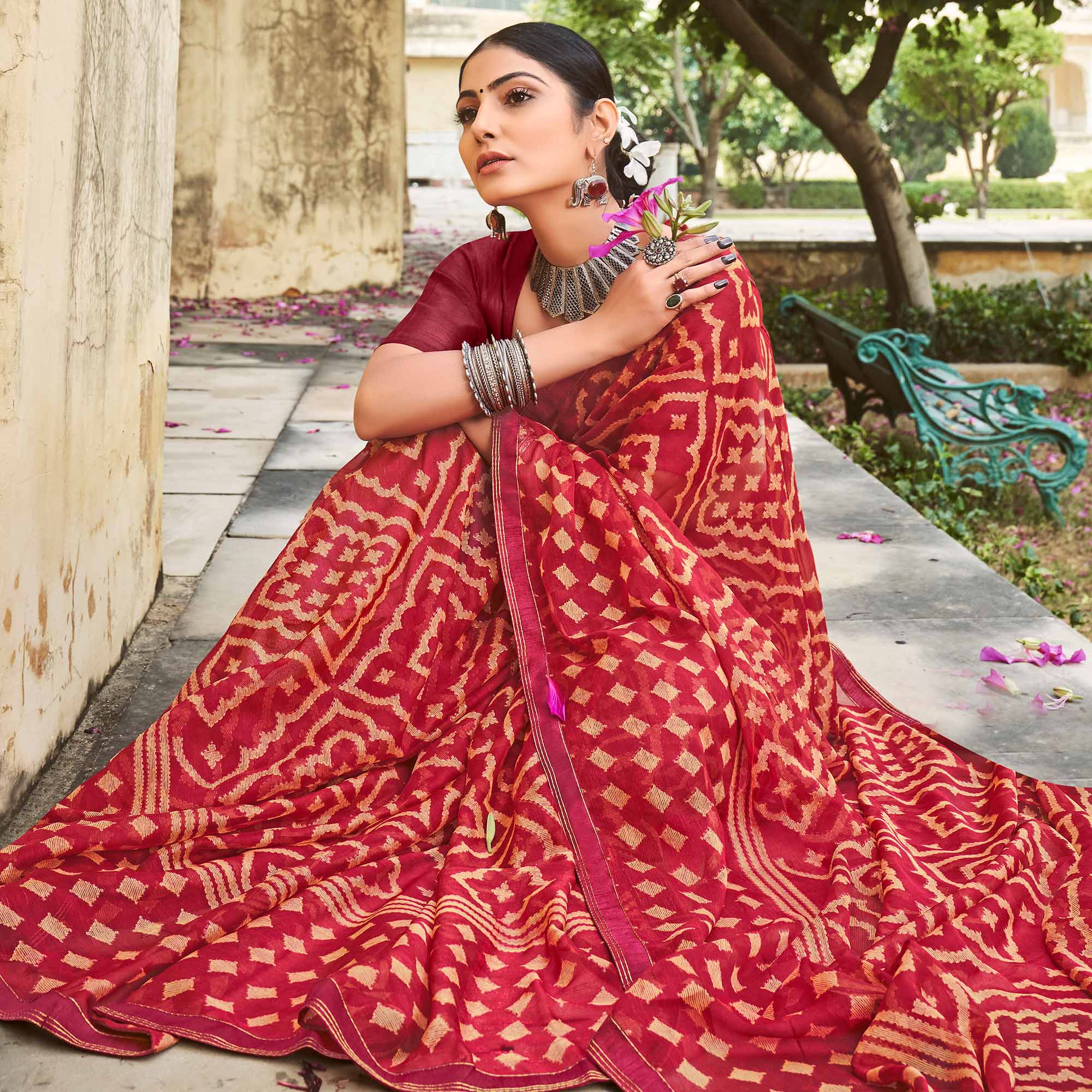 Maroon Printed Chiffon Saree