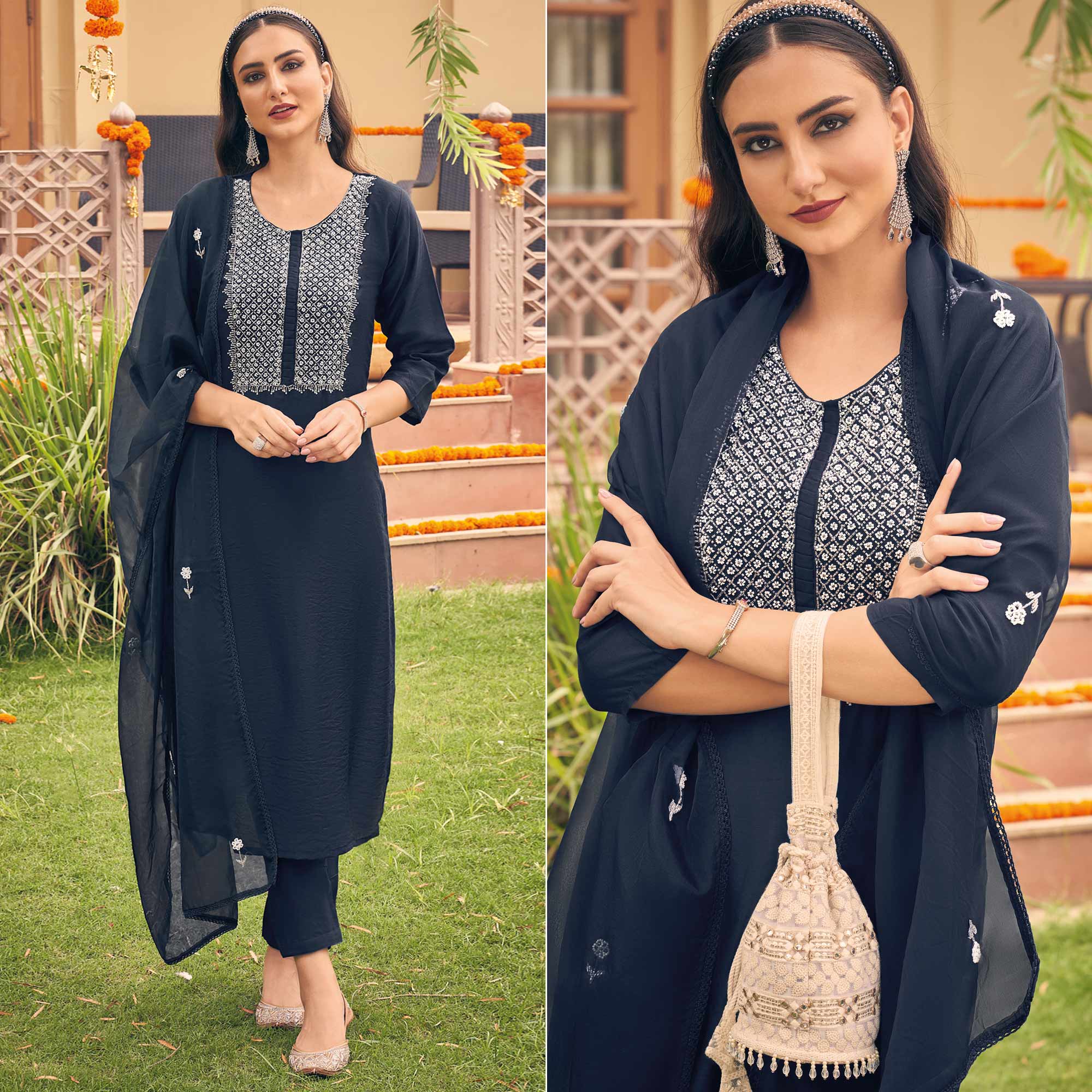 Navy Blue Embellished Viscose Salwar Suit