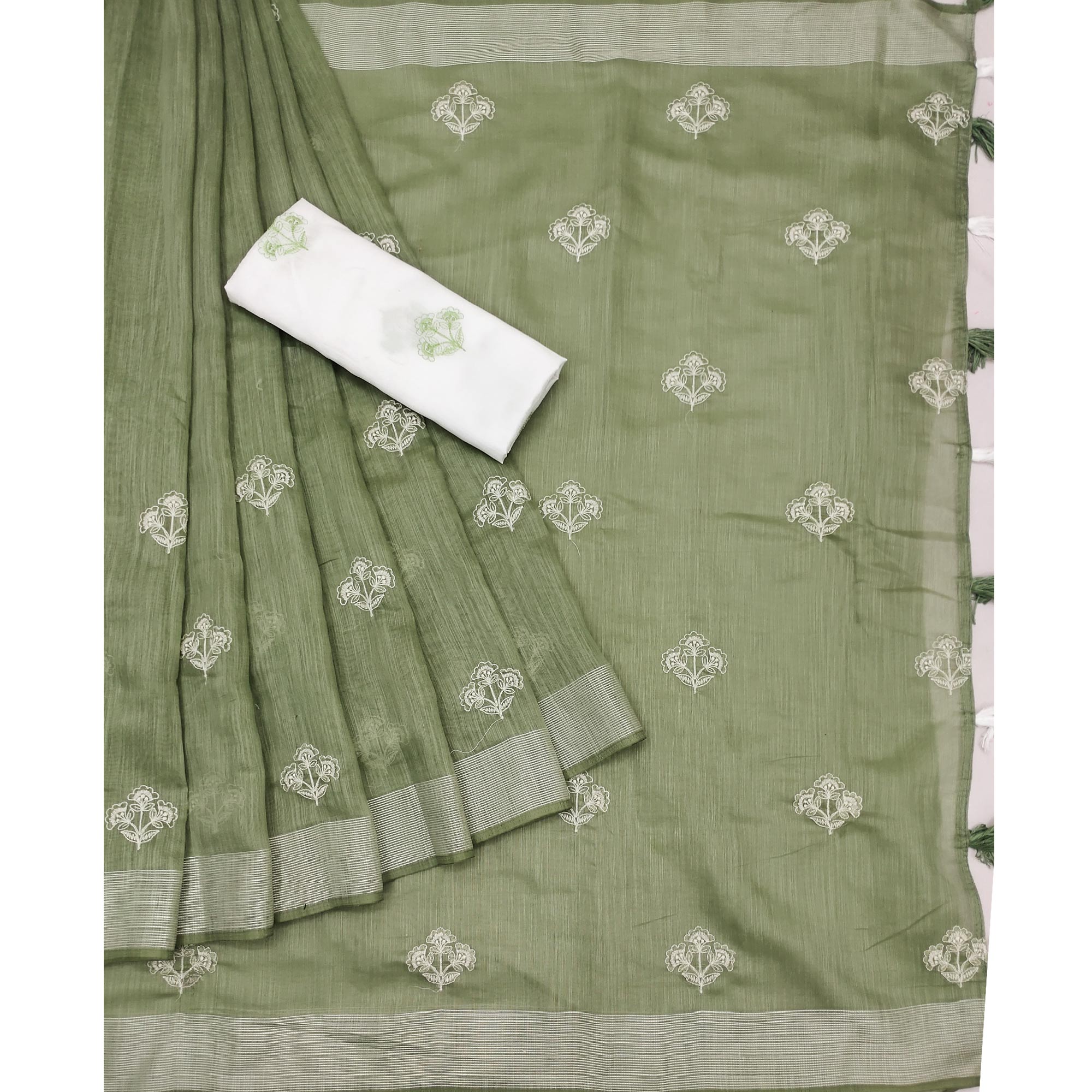 Olive Green Floral Embroidered Raw Silk Saree