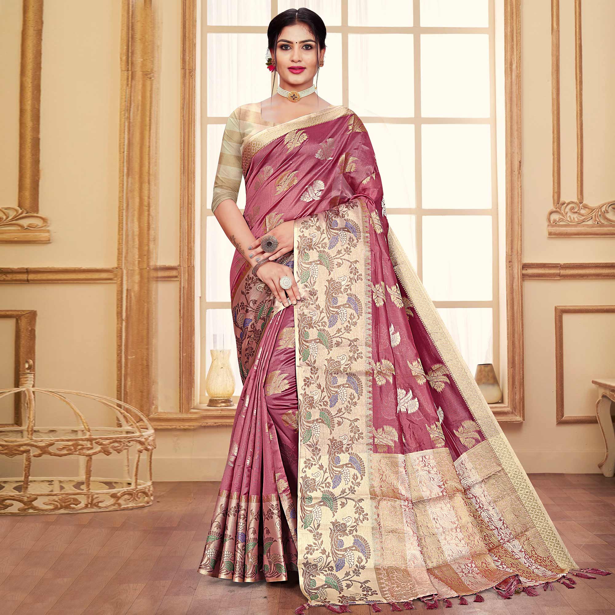 Dusty Pink Floral Woven Organza Saree With Tassels