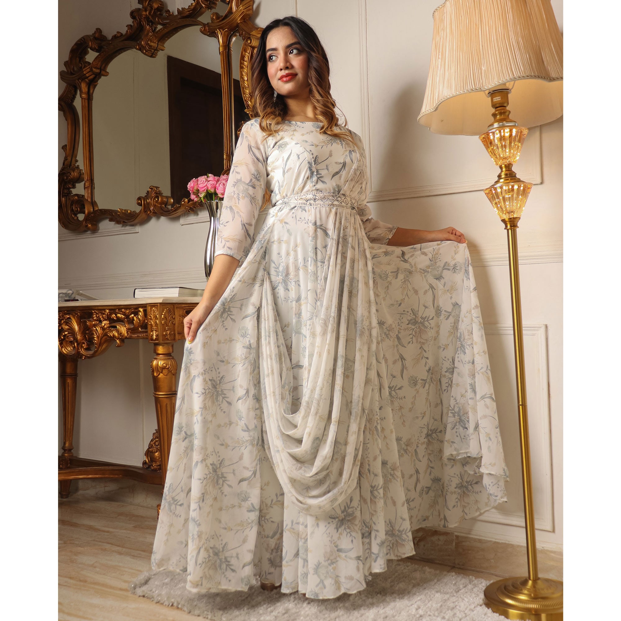 Off White Floral Printed With Stone Work Georgette Gown