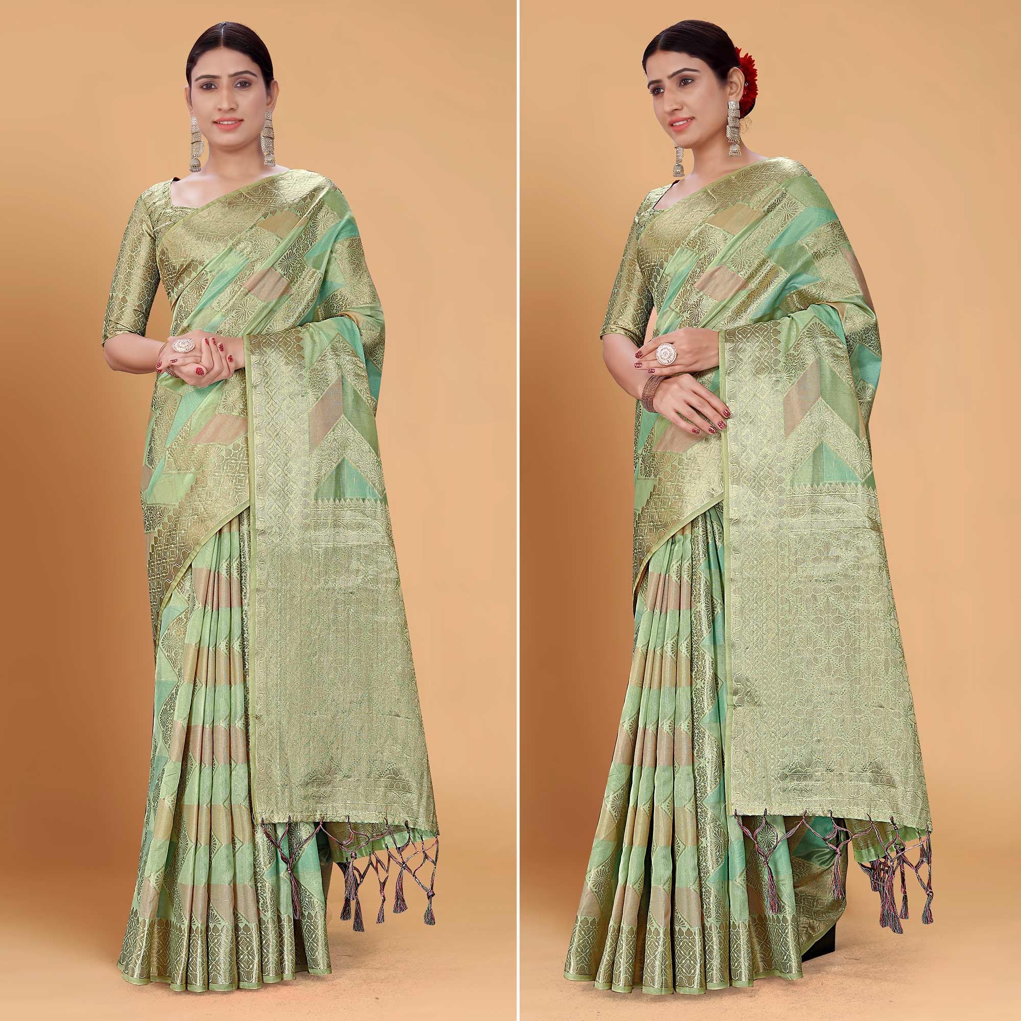 Green Woven Organza Saree With Tassels