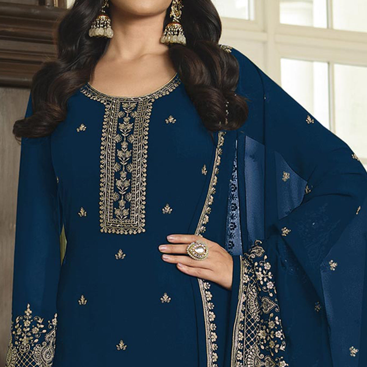 Blue Floral Embroidered Georgette Sharara Suit