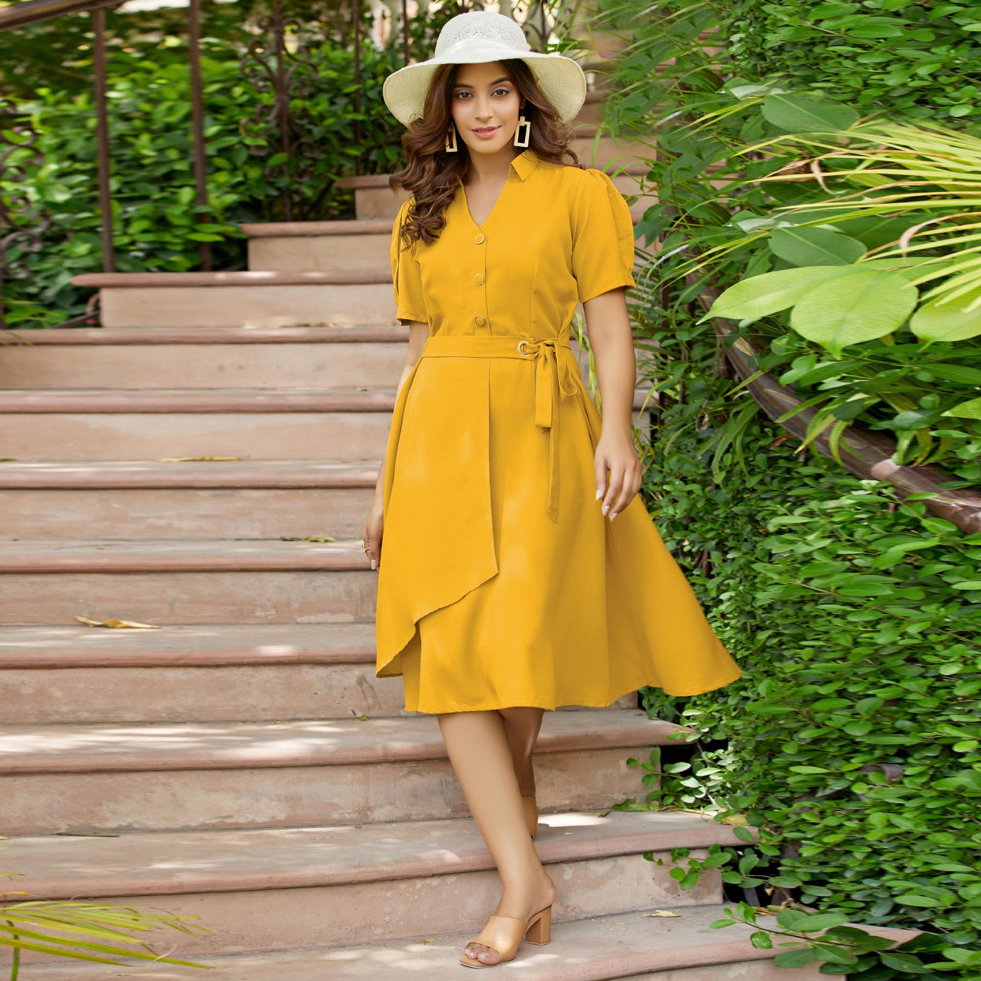 Mustard Yellow Solid Pure Cotton A-Line Midi Dress – Dss Cottinfab Ltd