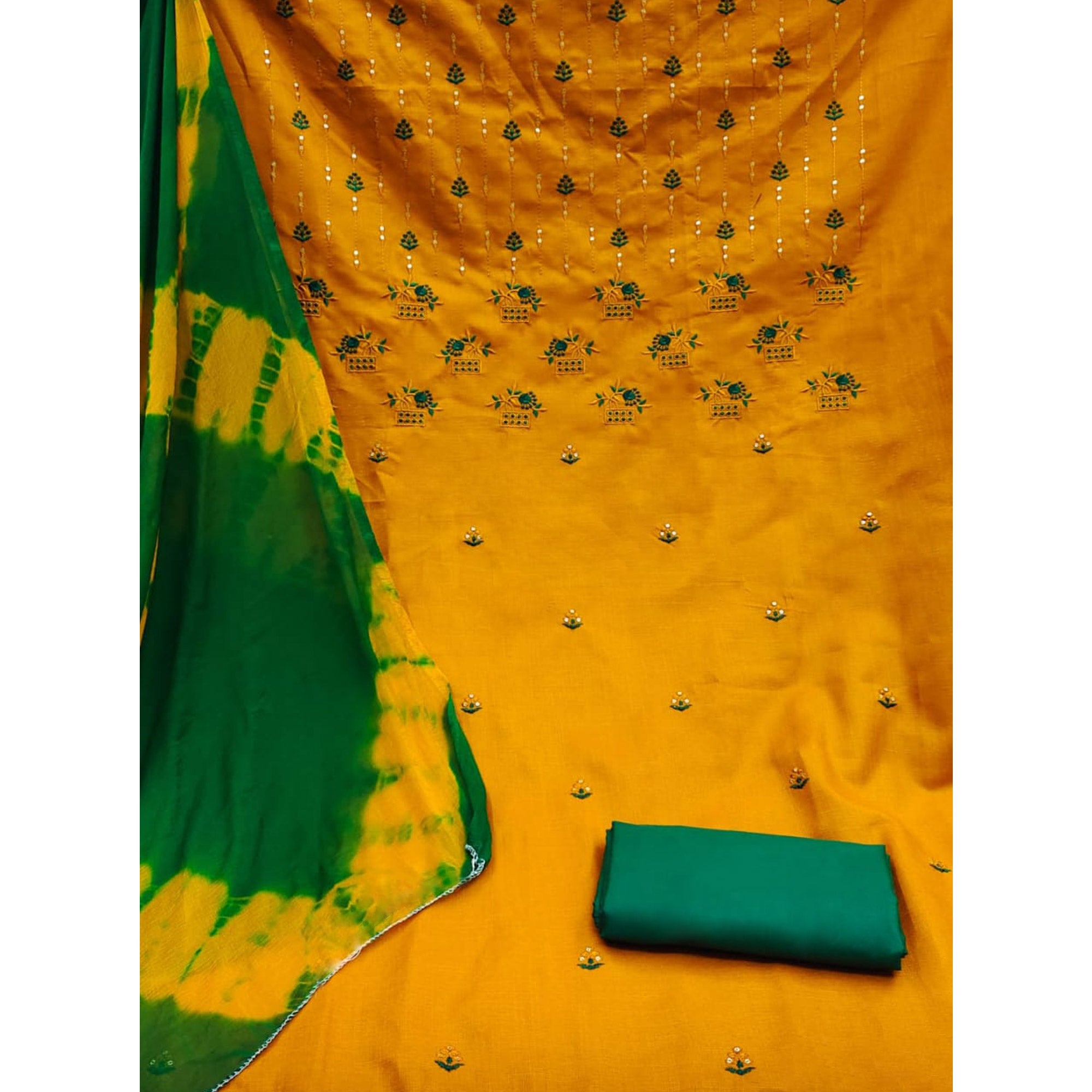 Mustard Floral Sequins Embroidered Cotton Blend Dress Material