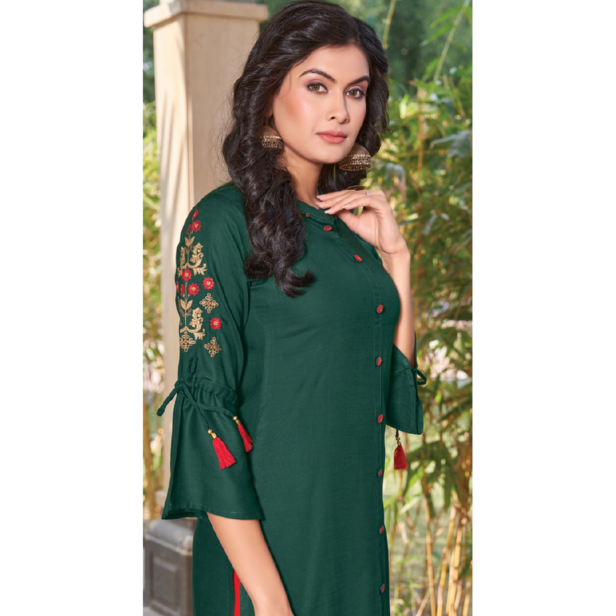 Green Floral Embroidered Rayon Kurti