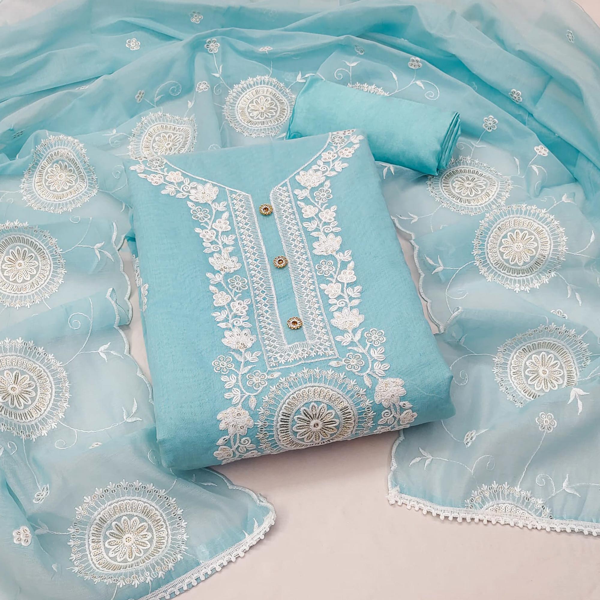 Blue Floral Embroidered Chanderi Dress Material