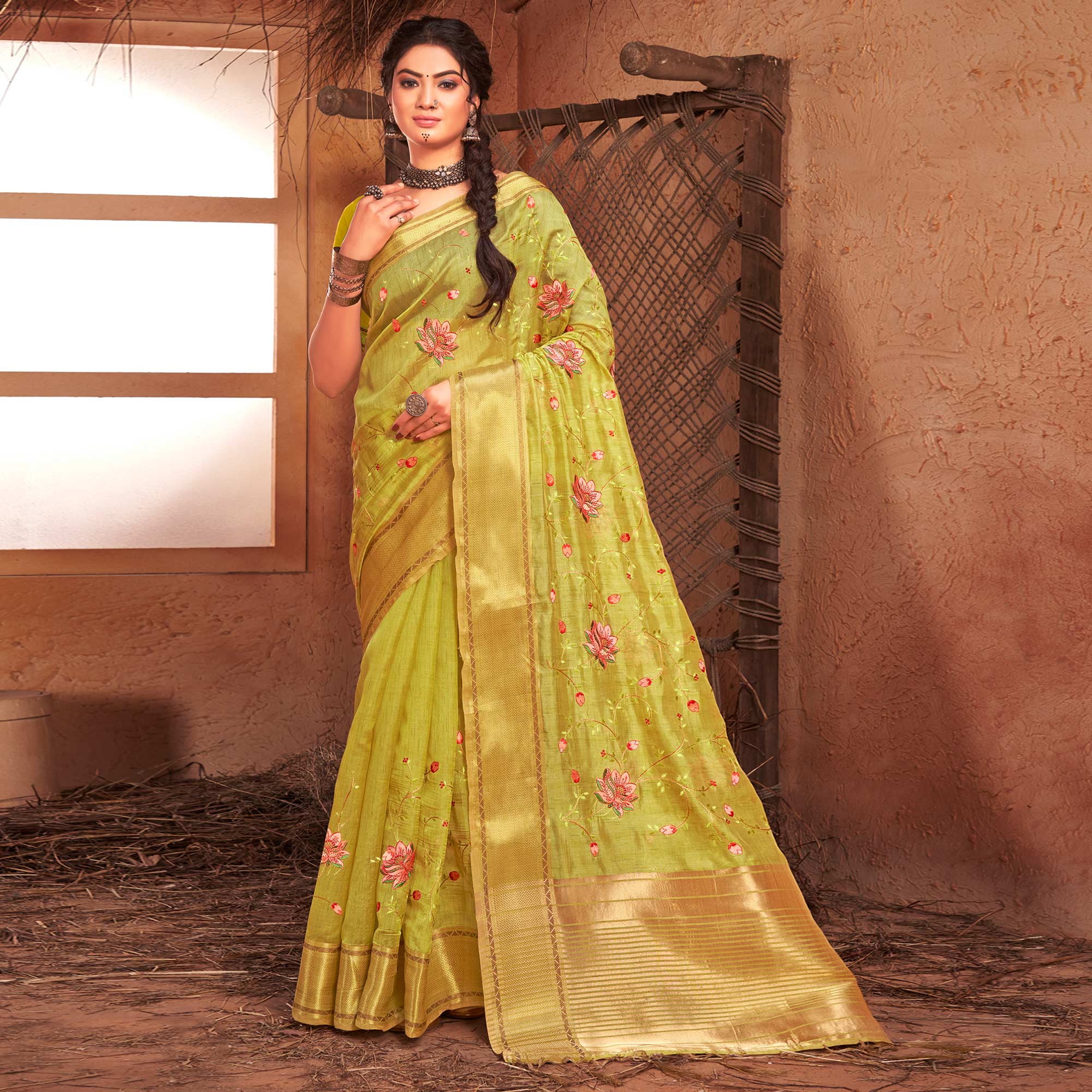 Green Embroidered With Woven Border Organza Saree