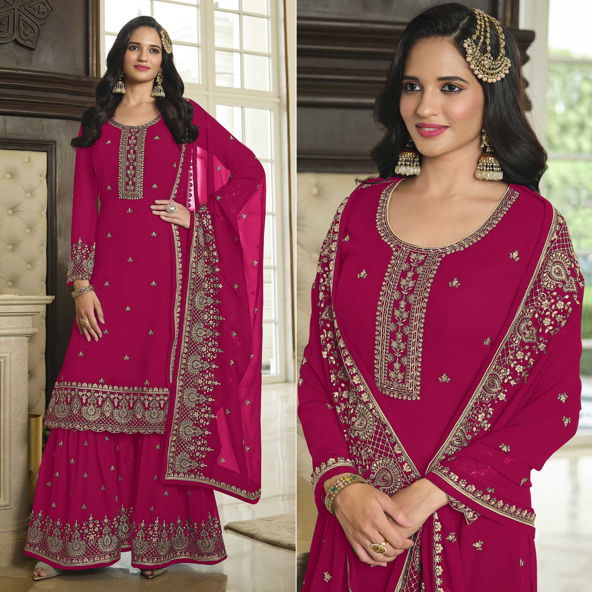 Pink Floral Embroidered Georgette Sharara Suit