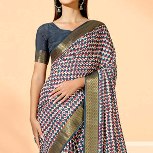 Teal Blue Printed Dola Silk Saree With Tassels