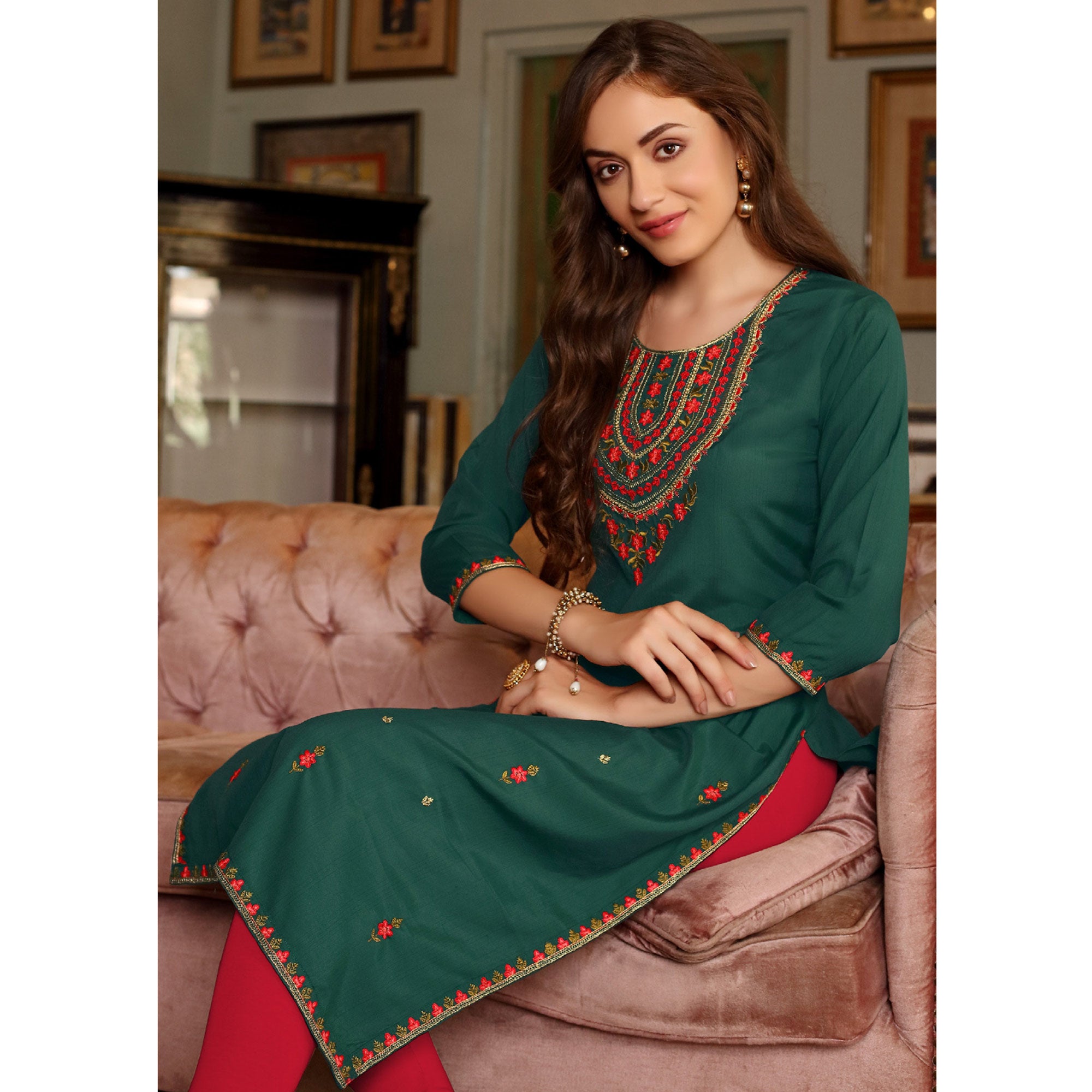 Green Floral Embroidered Muslin Kurti