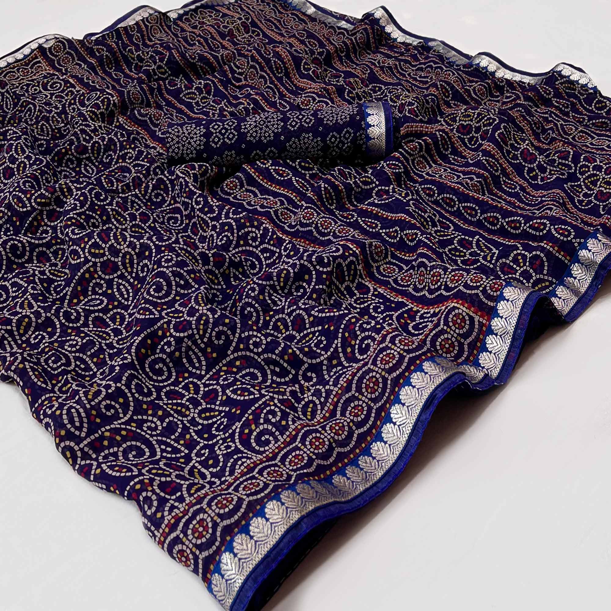 Blue Bandhani Printed Georgette Saree With Designer Border
