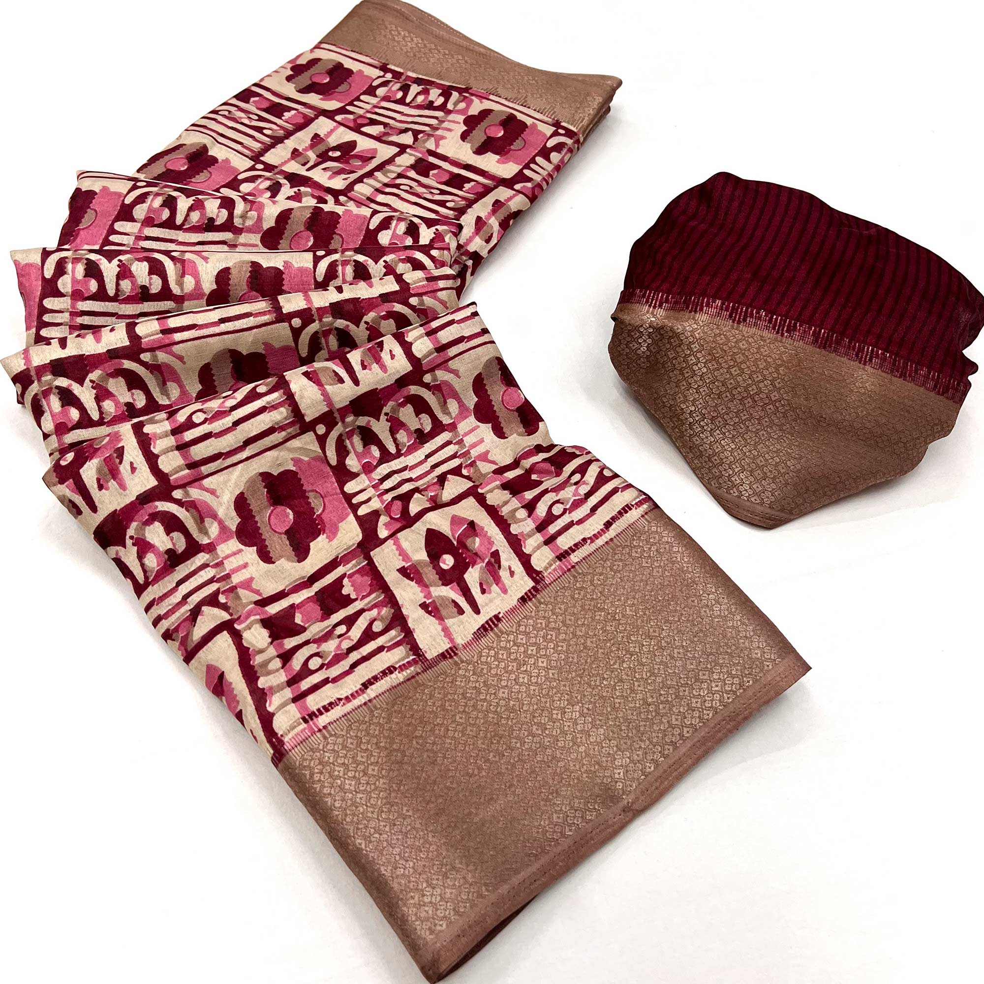 Maroon Printed With Woven Border Dola Silk Saree
