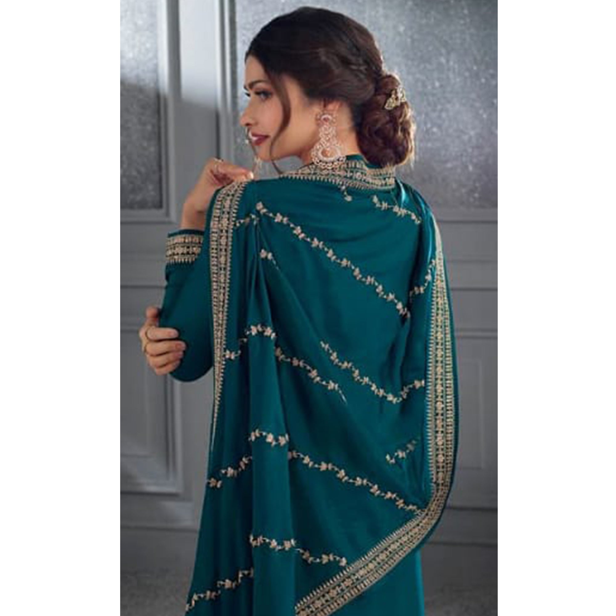Teal Blue Woven With Sequins Embroidered Dola Silk Palazzo Suit