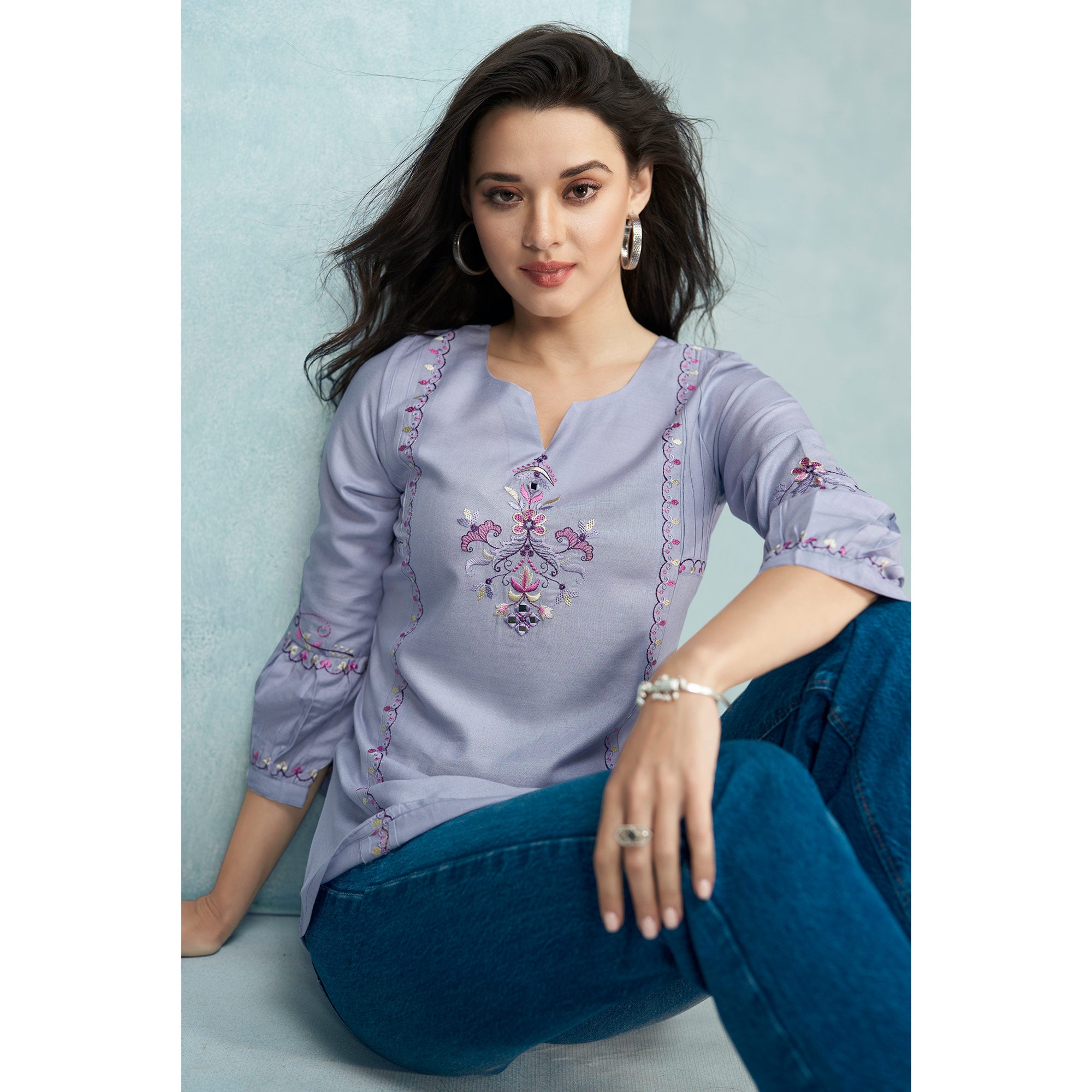 Light Purple Floral Embroidered Rayon Top