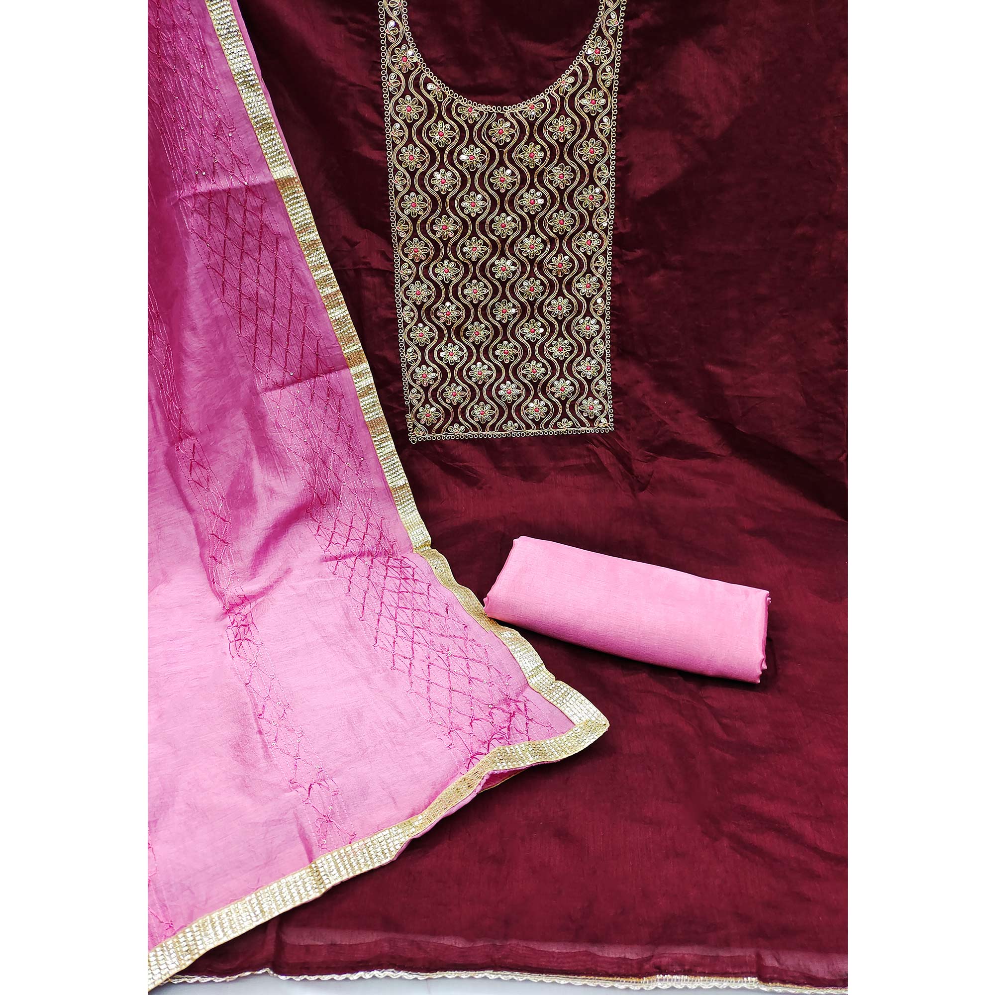 Maroon Sequins Floral Embroidered Modal Dress Material