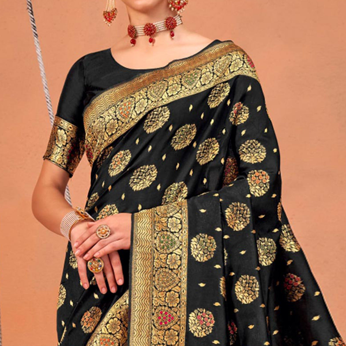 Black Floral Woven Art Silk Saree