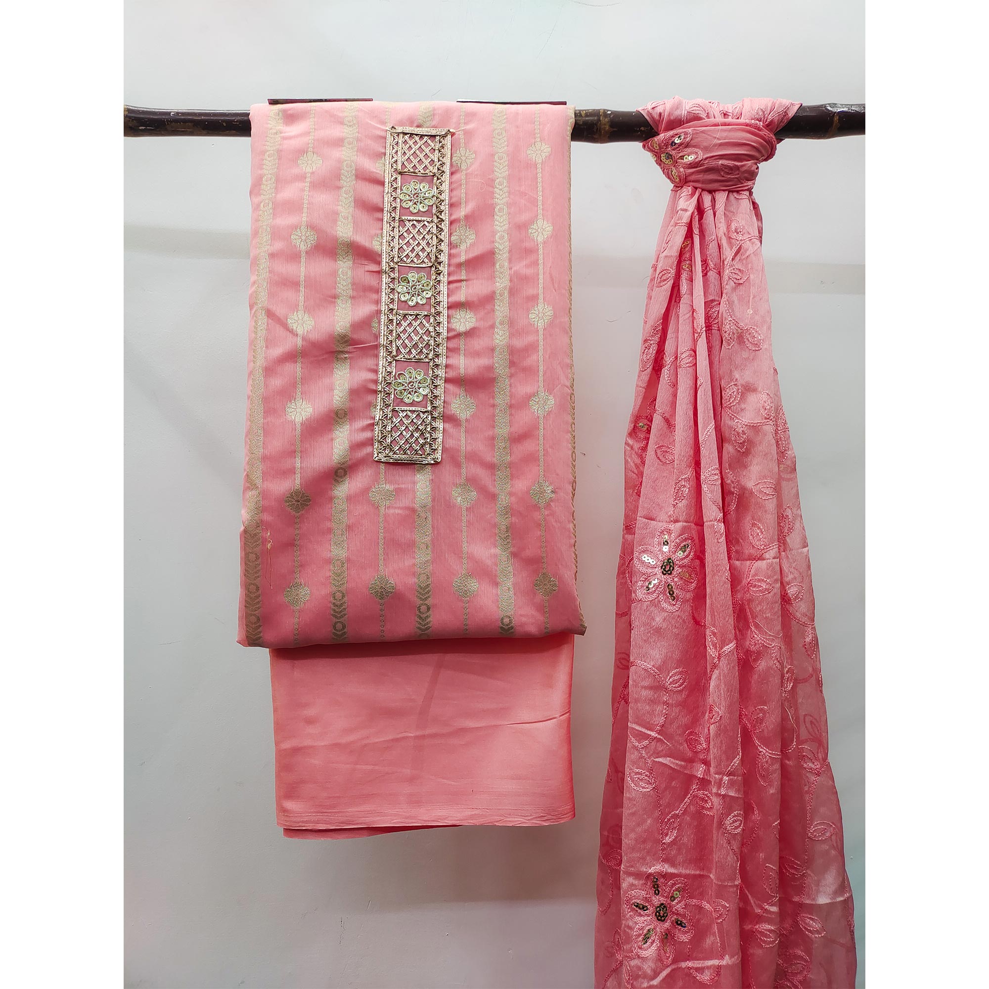 Pink Woven Banarasi Silk Dress Material