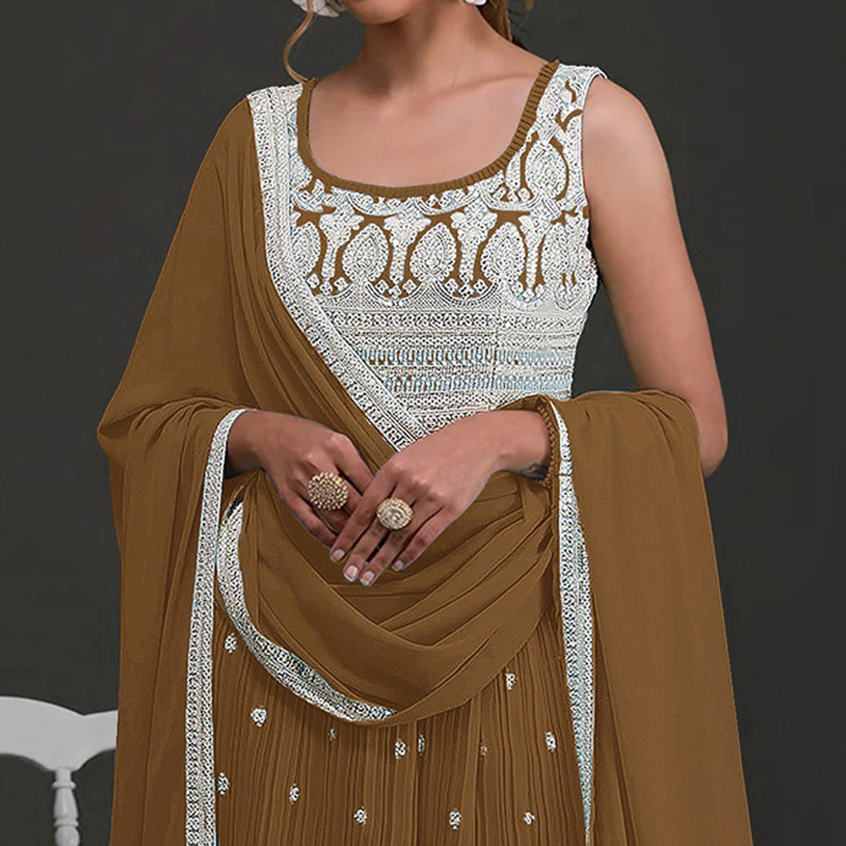 Brown Embroidered Georgette Naira Cut Semi Stitched Palazzo Suit