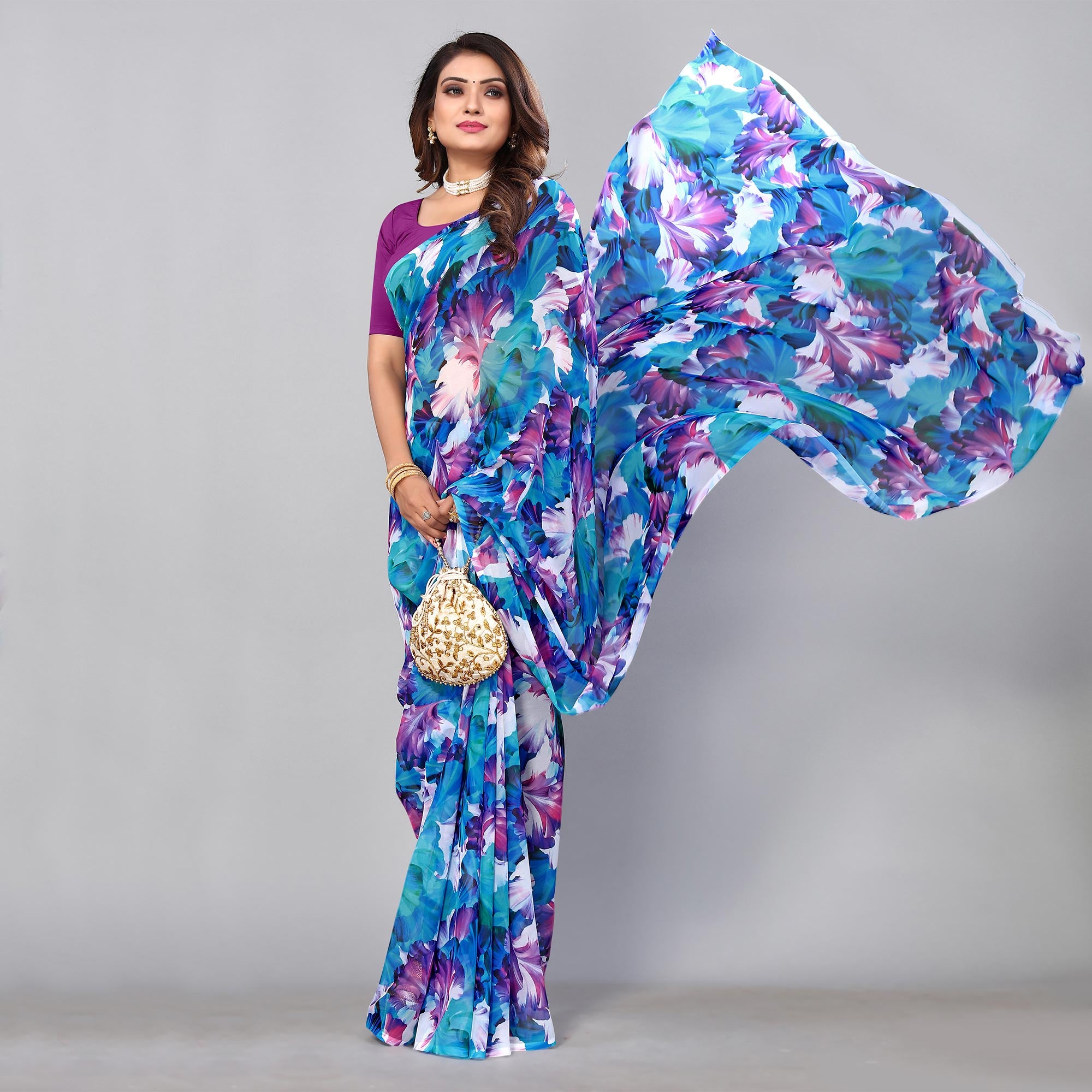 Blue Digital Printed Georgette Saree