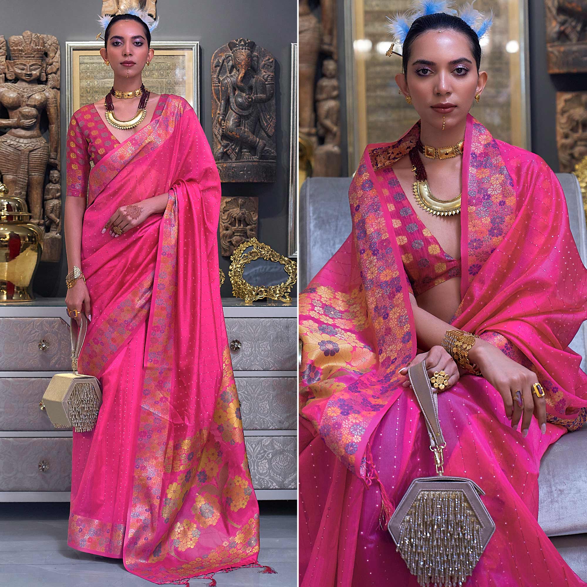 Pink Woven With Sequins Work Organza Saree