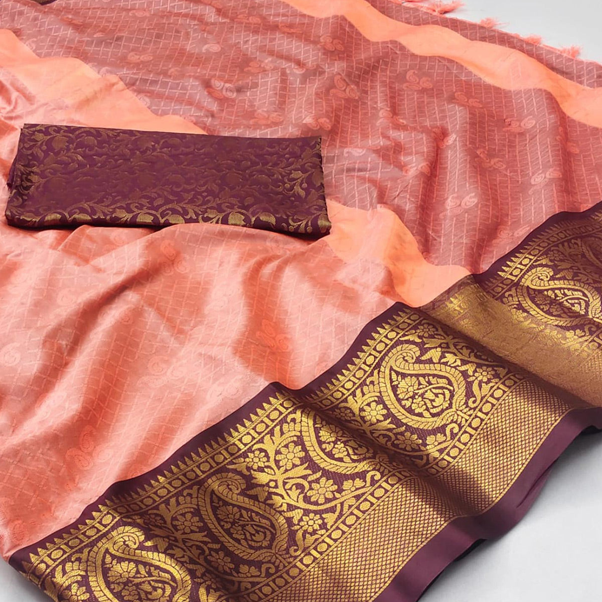 Baby Pink Woven Cotton Silk Saree With Tassels