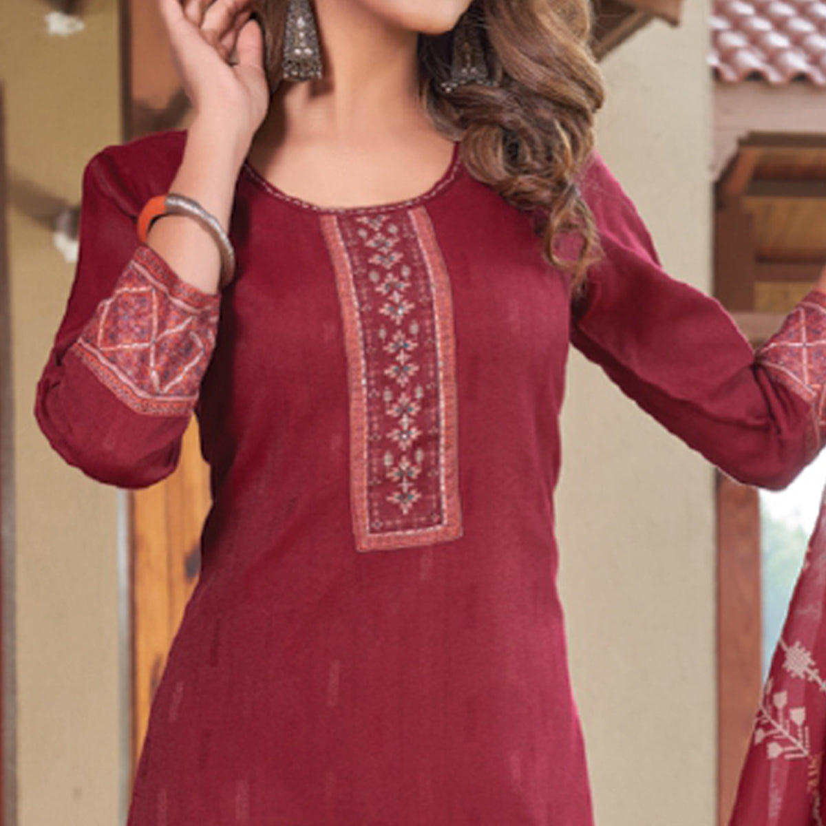 Maroon Embroidered Rayon Kurti With Dupatta