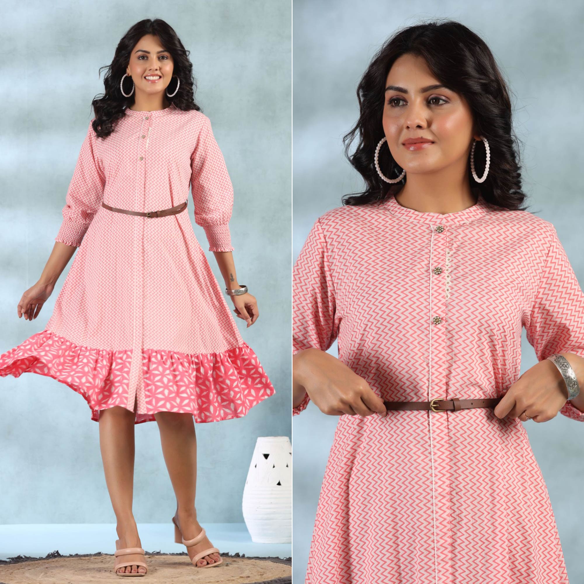 Pink Geometric Printed Pure Cotton Dress