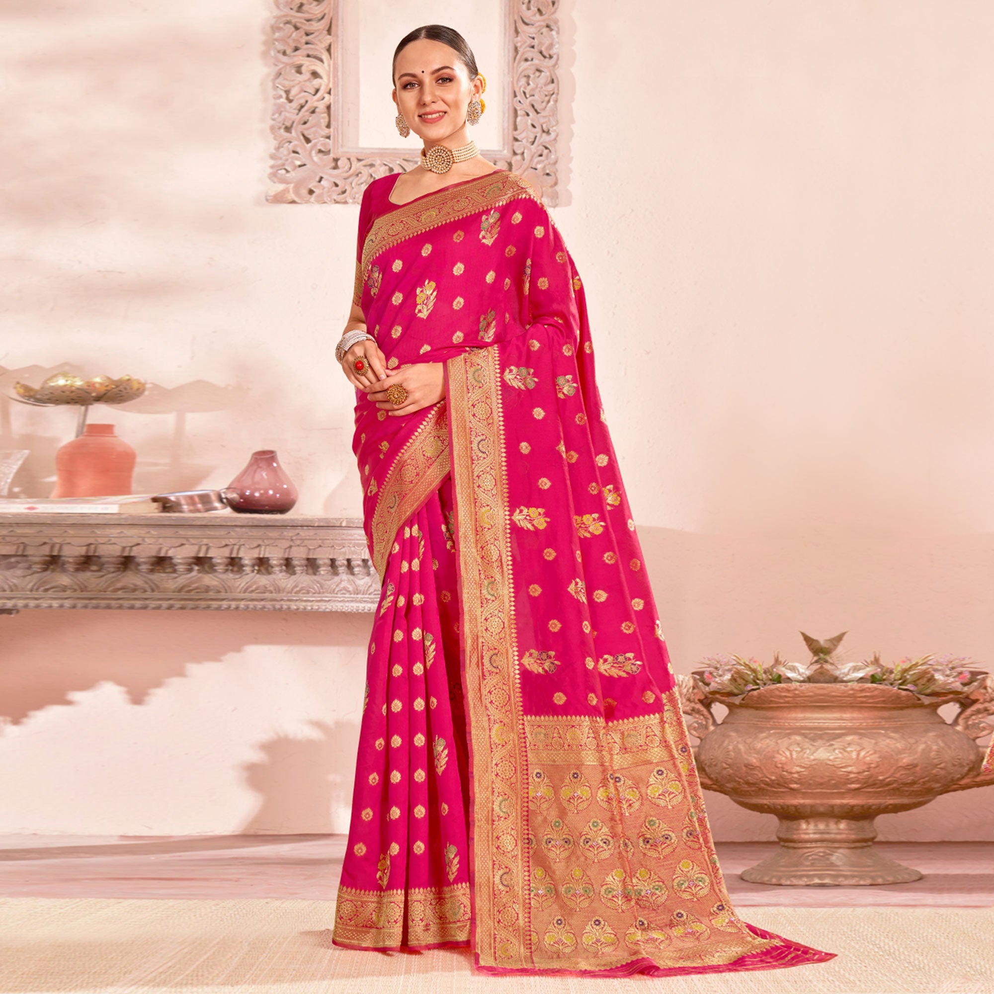 Rani Pink Woven Art Silk Saree