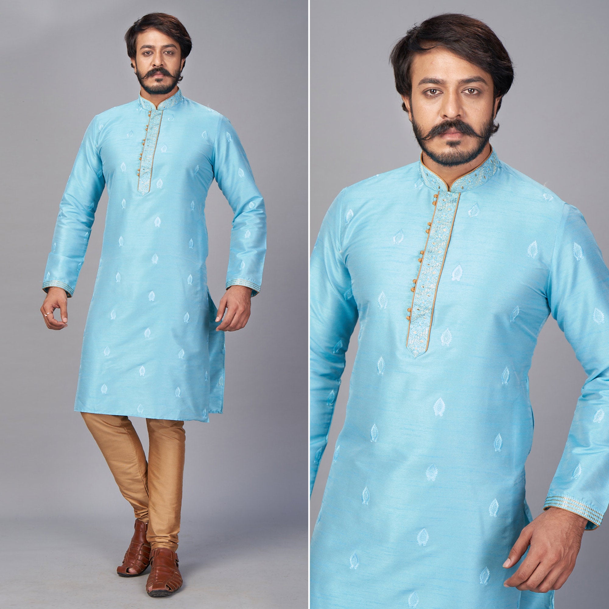 Blue Embroidered Jacquard Kurta Pyjama Set