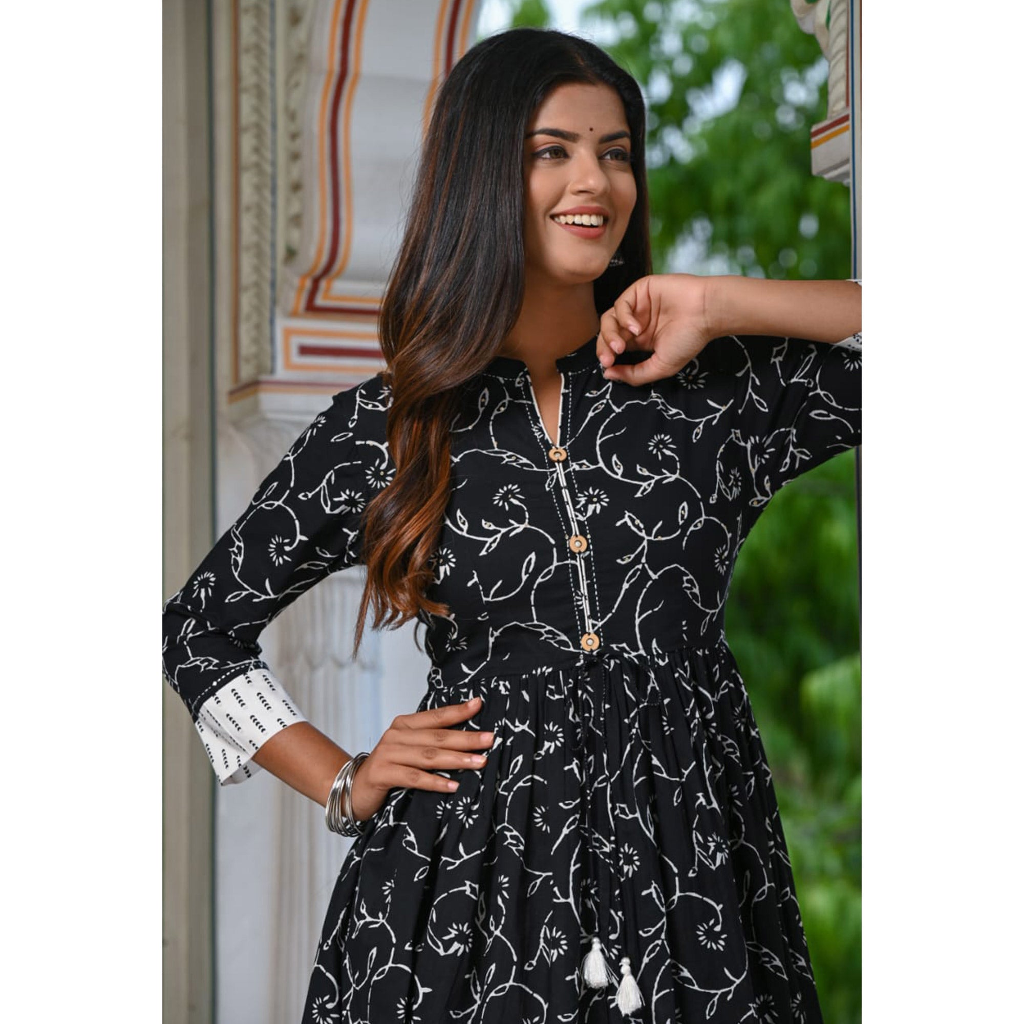 Black Floral Printed Pure Cotton Kurti Pant Set