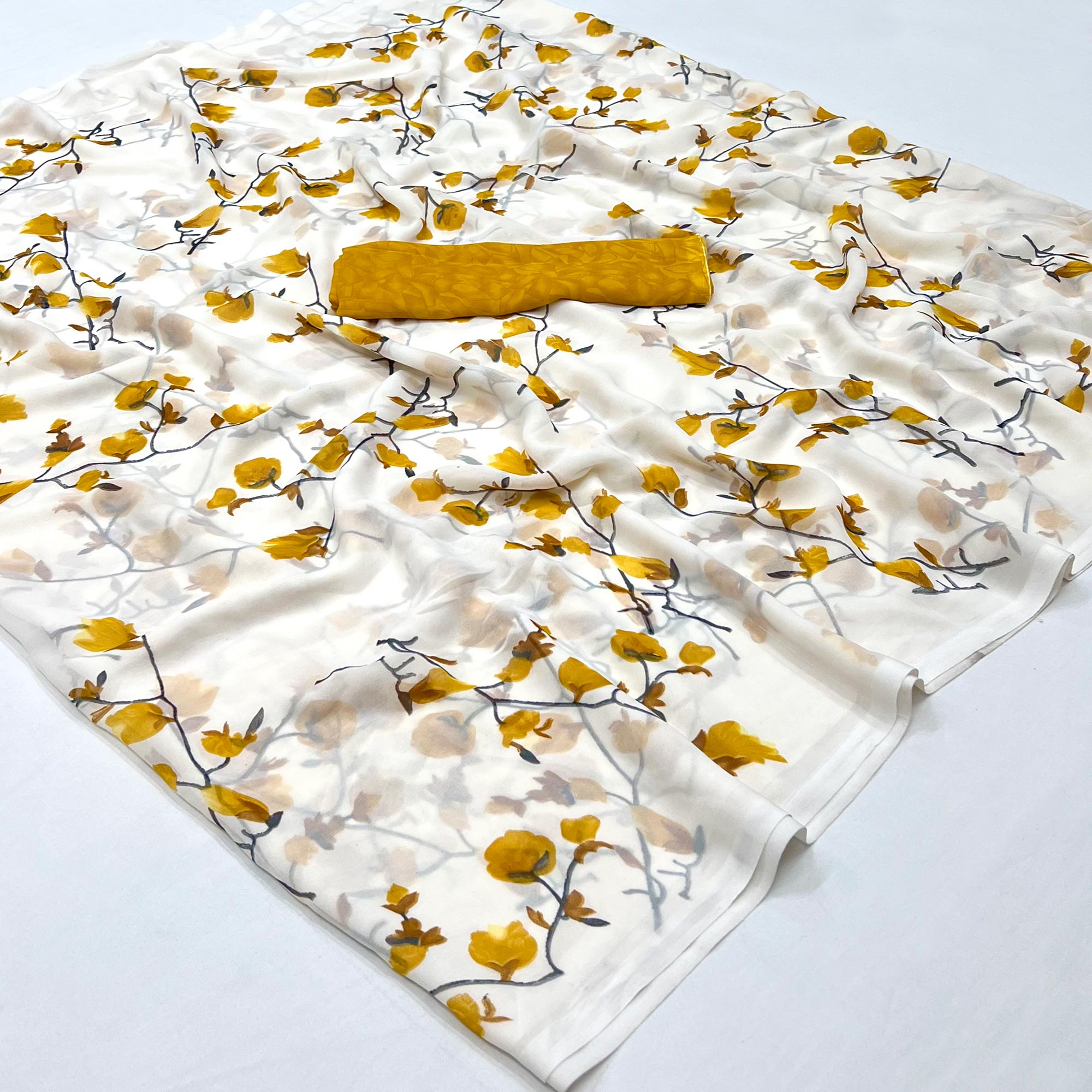 White Brown Floral Printed Georgette Saree