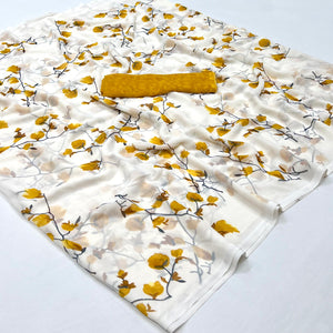 White Brown Floral Printed Georgette Saree
