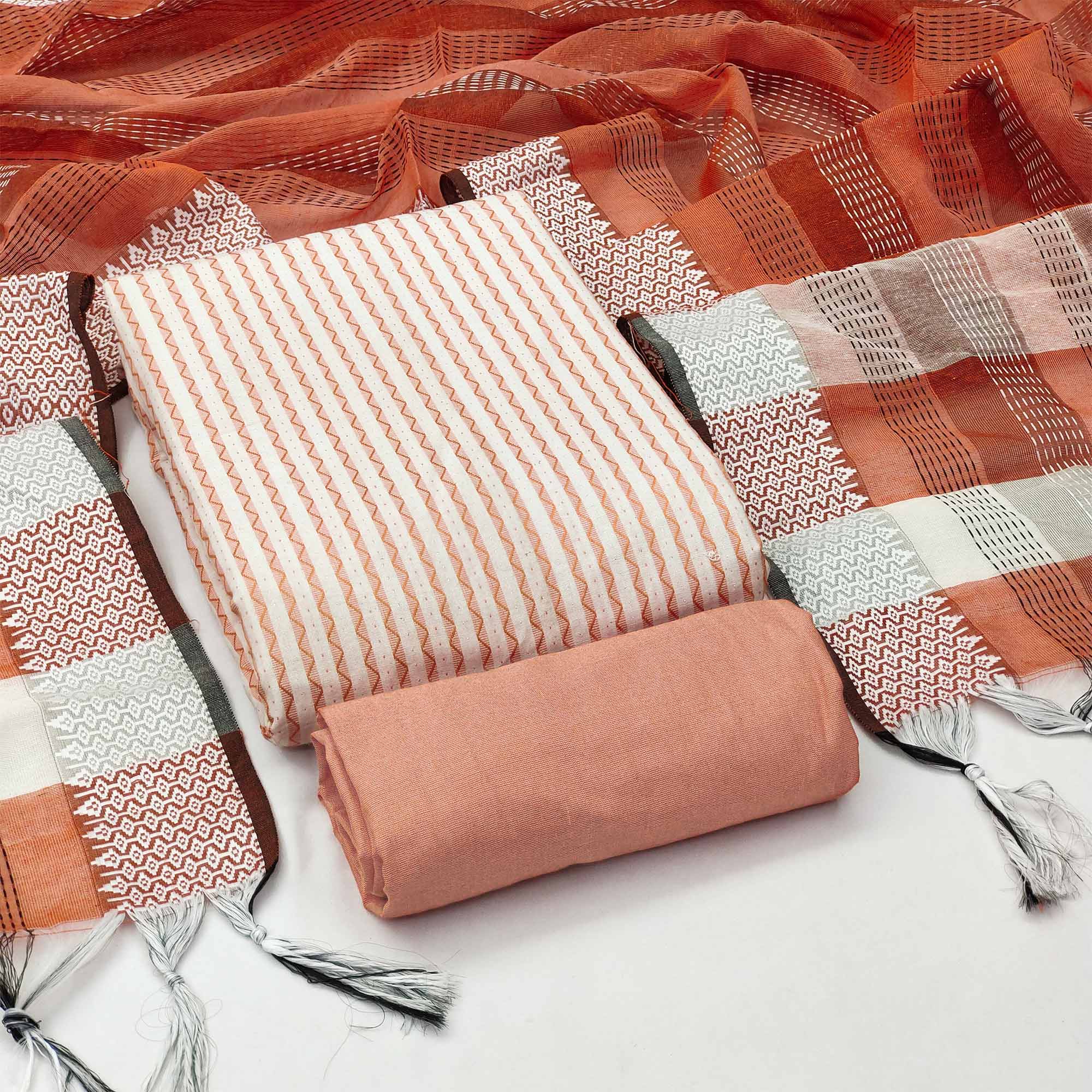 Peach Striped Printed With Woven Cotton Blend Dress Material