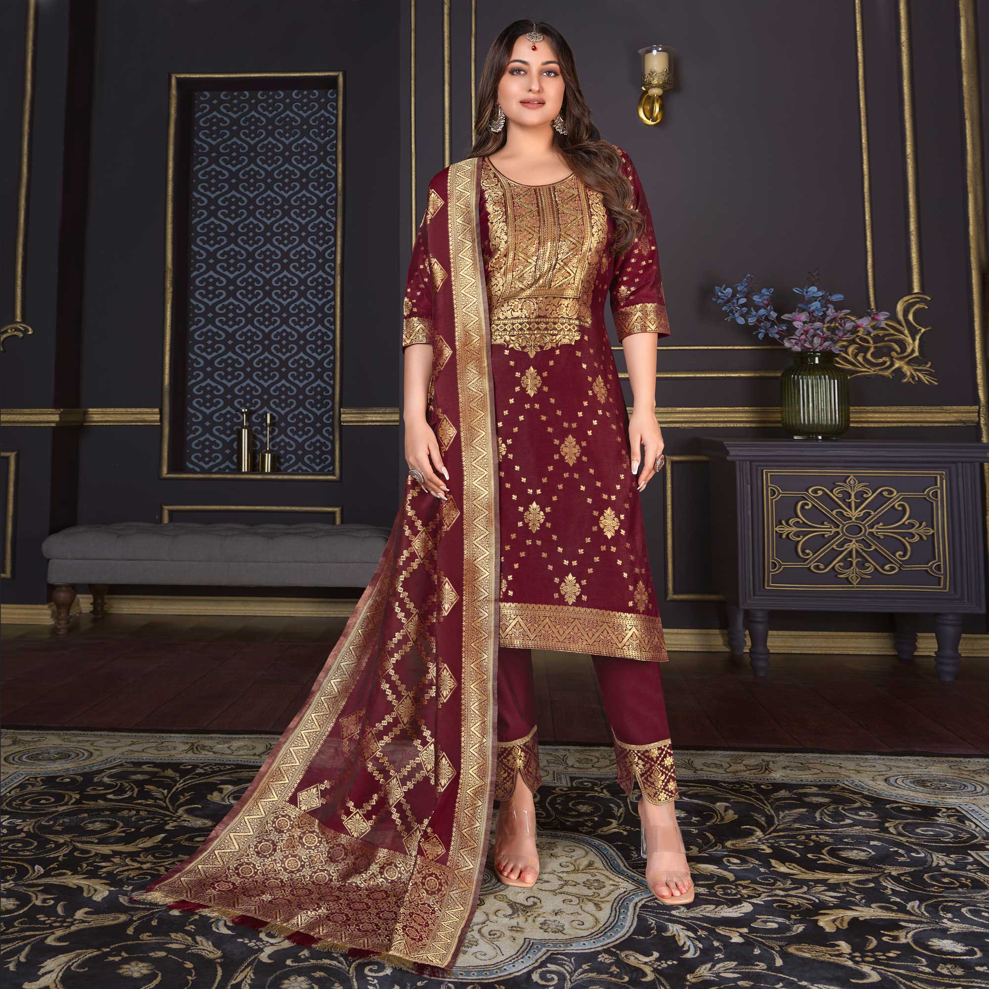 Maroon Woven Banarasi Silk Salwar Suit