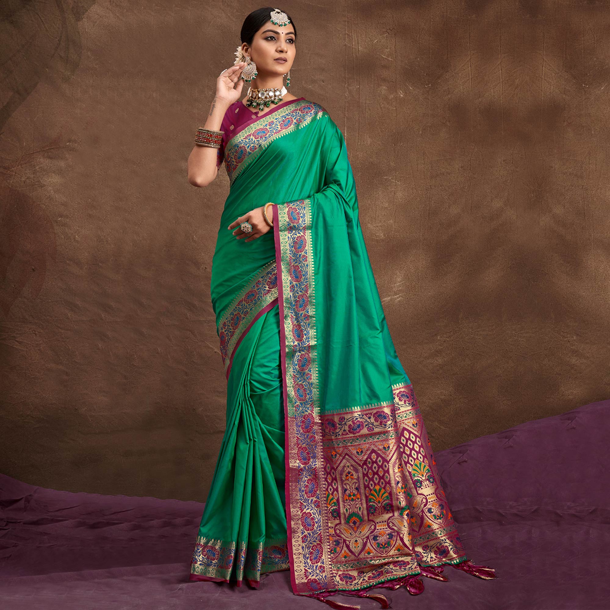 Green Woven Banarasi Silk Saree With Tassels