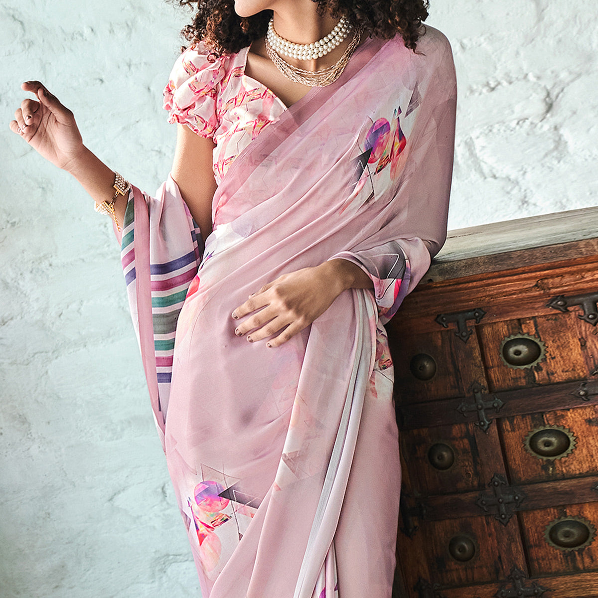 Light Pink Digital Printed Satin Saree