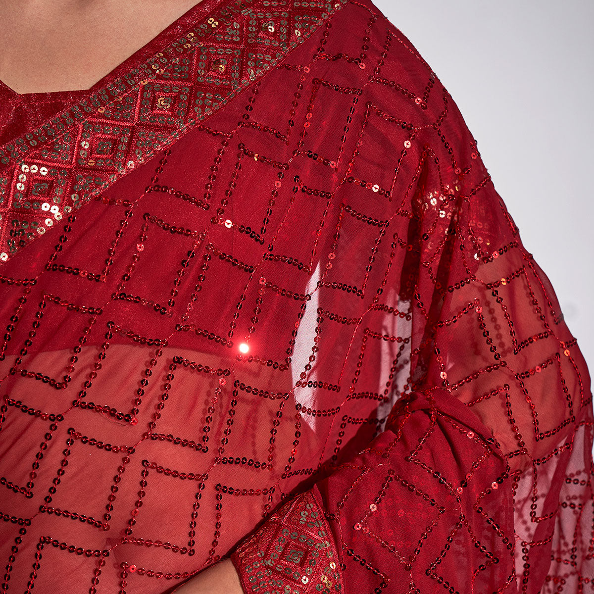 Red Sequins Embroidered Georgette Saree