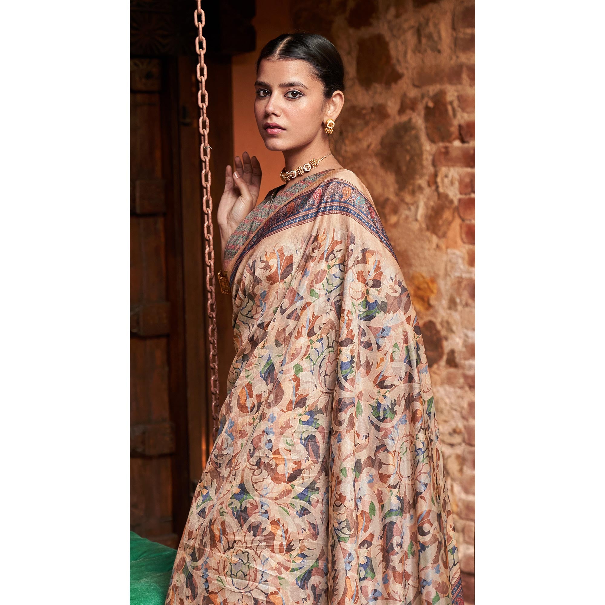 Cream  Digital Printed Satin Saree