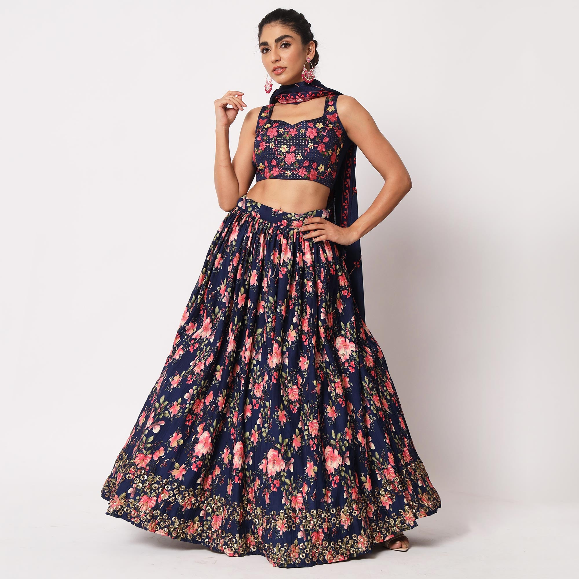 Navy Blue Floral Printed Art Silk Lehenga Choli