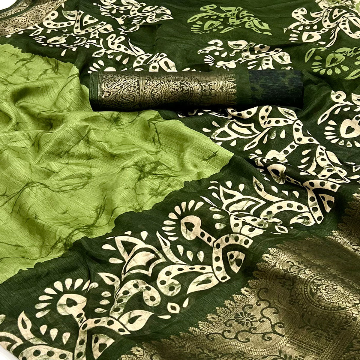 Pista Green Floral Printed With Woven Dola Silk Saree