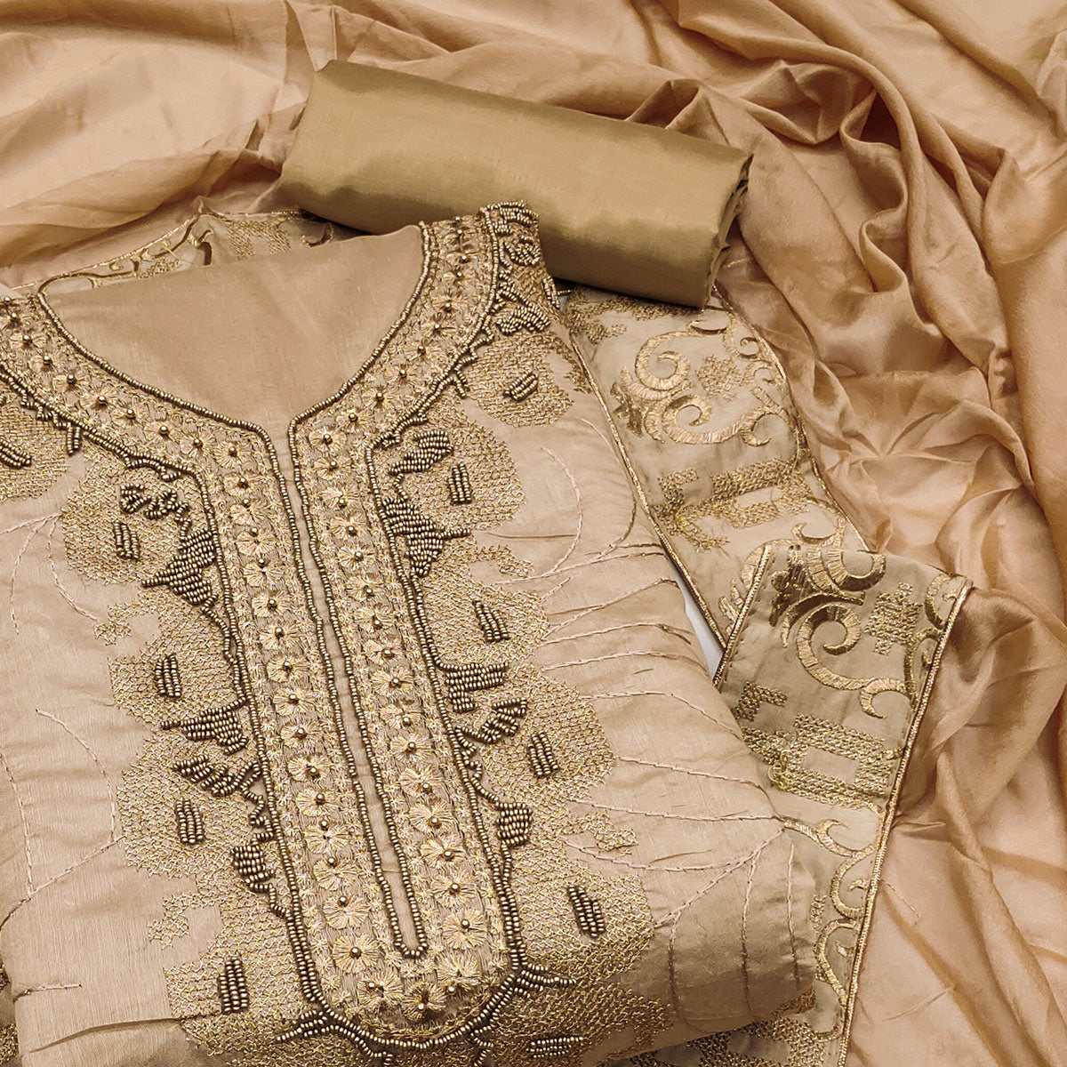 Light Brown Handwork Embroidered Modal Dress Material